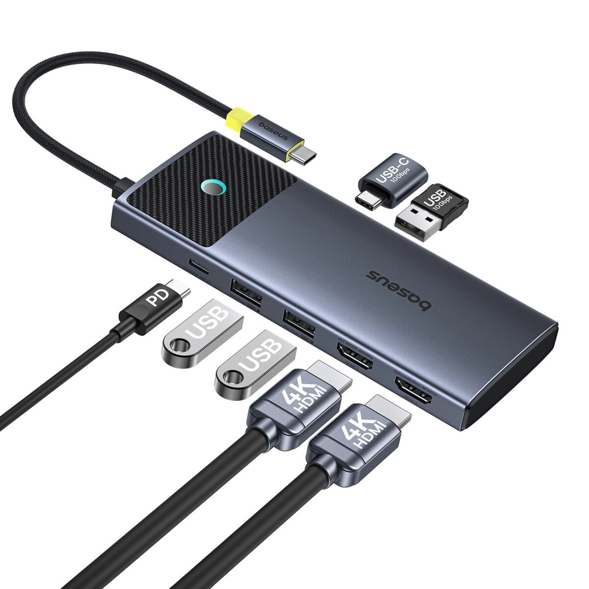 Dunkelgrauer Hub mit mehreren Anschlüssen, darunter USB, HDMI und USB-C.