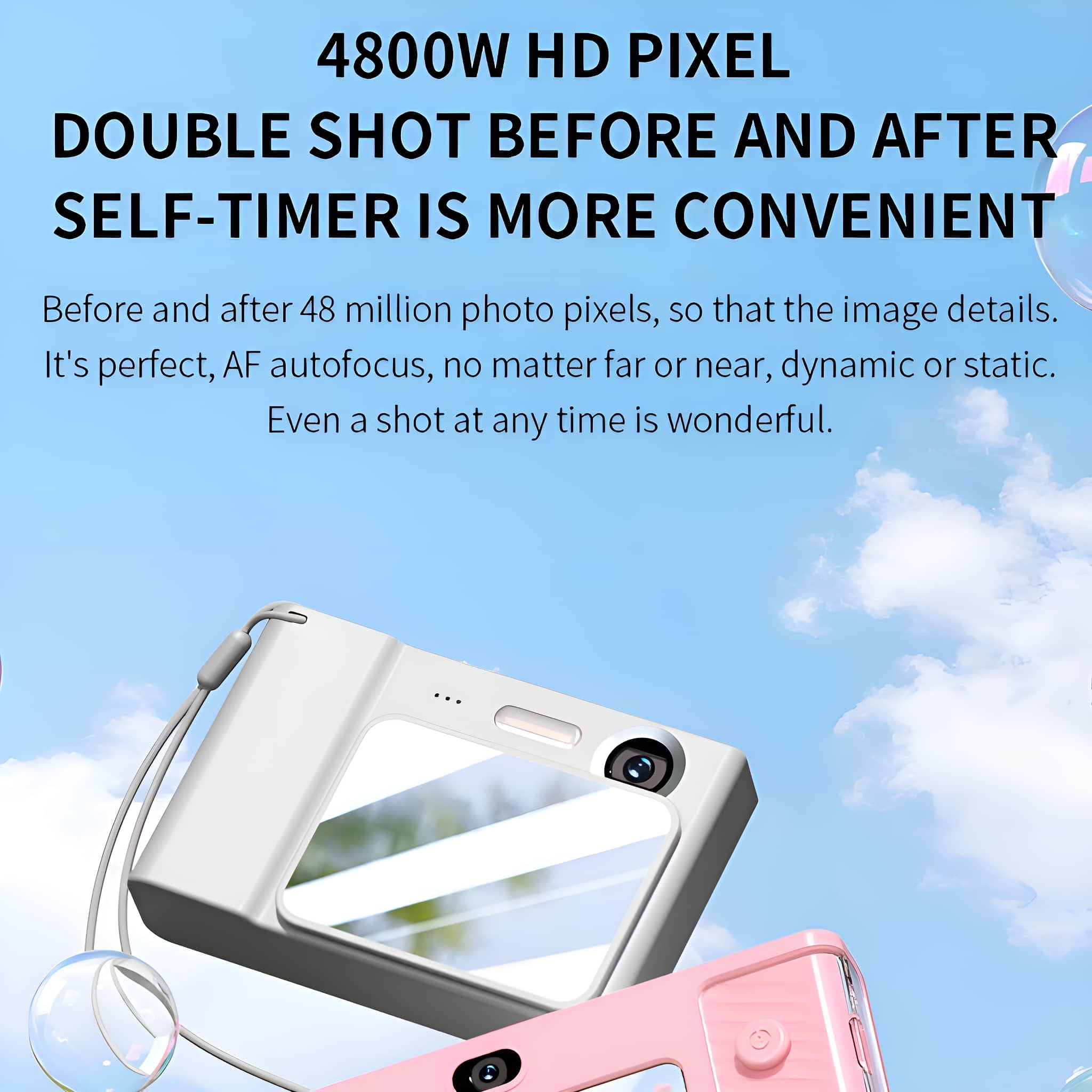 Weiße und rosa Geräte mit einem Spiegel. Der Text oben lautet '4800W HD PIXEL'. Ein Himmelhintergrund ist vorhanden.