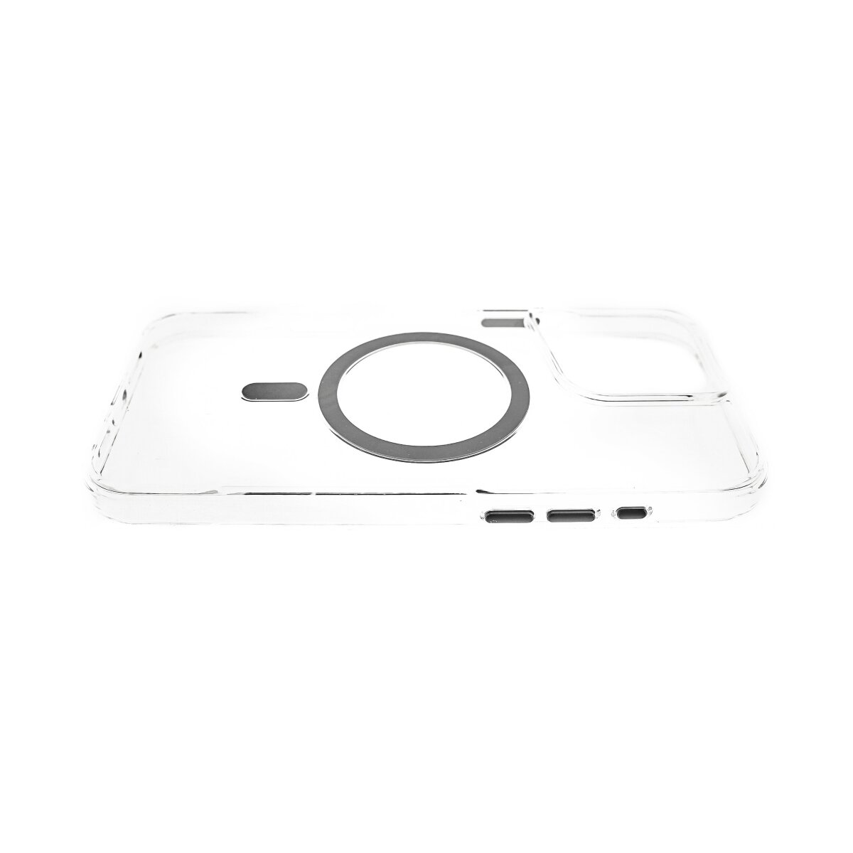 Custodia trasparente per telefono con area magnetica circolare nera. Forma rettangolare orizzontale.