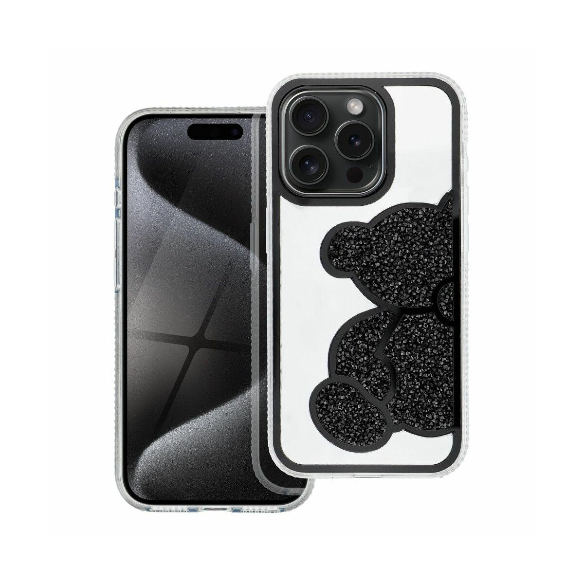 Due telefoni, uno con una custodia trasparente con un design a orsetto fatto di strass neri.