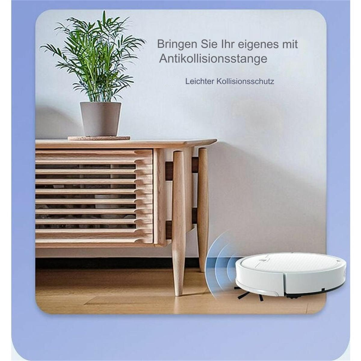 Ein weißer Roboter-Staubsauger in der Nähe eines Holzschranks mit einer Pflanze, in einer blau umrandeten Szene.