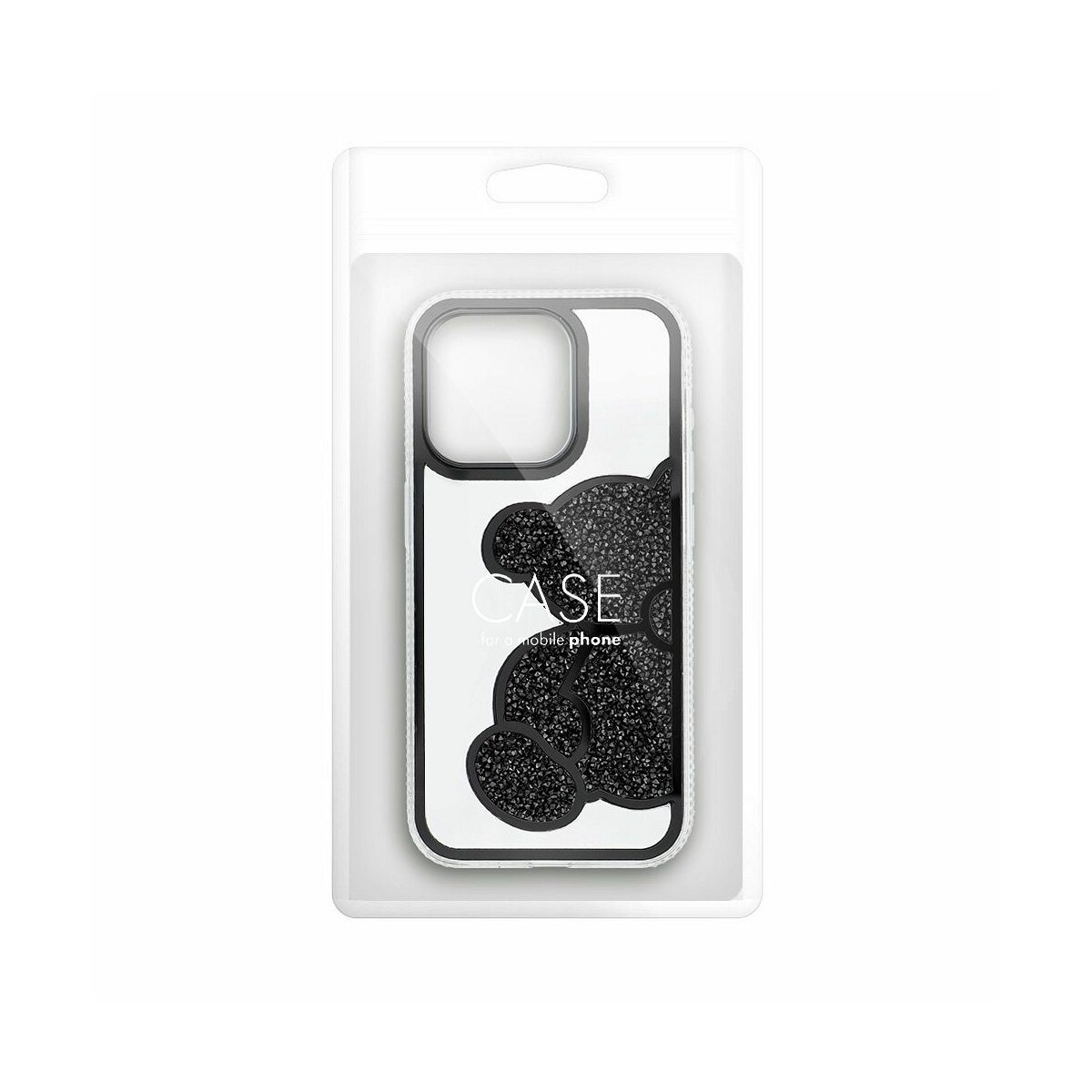 Una custodia di plastica trasparente racchiude una custodia per telefono con un design in bianco e nero di cerchi neri.