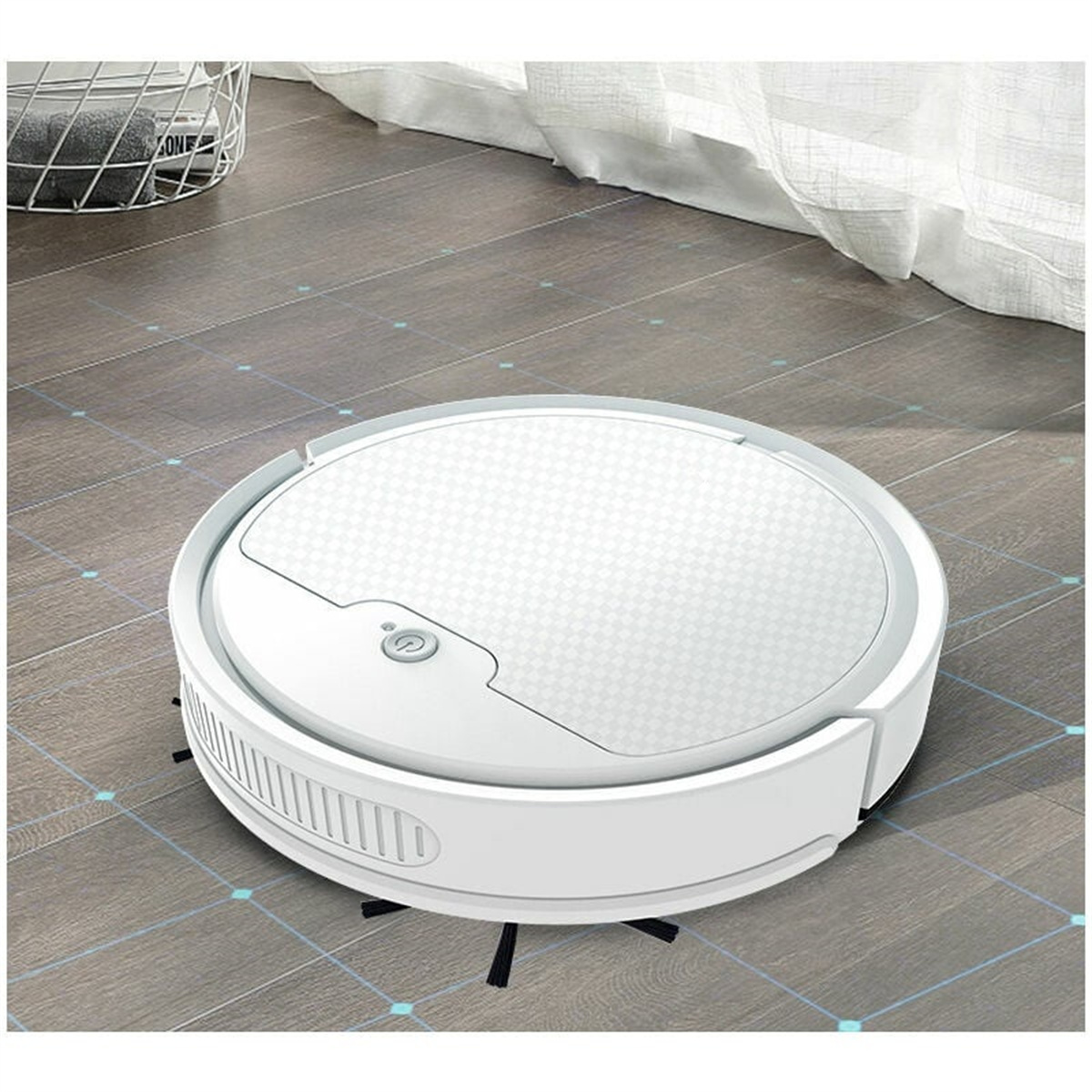 Weißer runder Roboter-Staubsauger auf Fliesenboden. Es hat einen Power-Knopf.