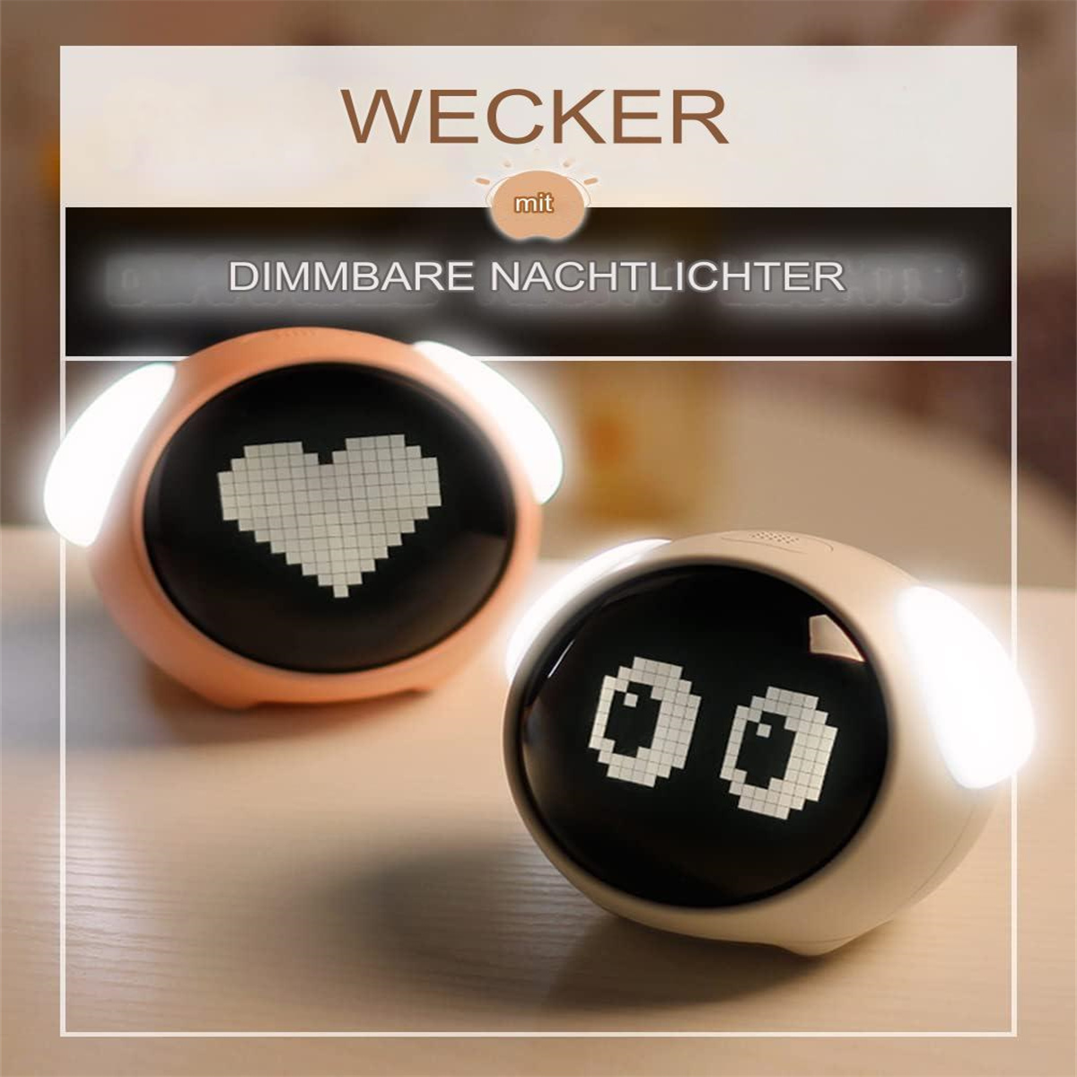 Zwei niedliche Wecker mit Digitalanzeigen, die Herz und Augen zeigen. Weißer Hintergrund.