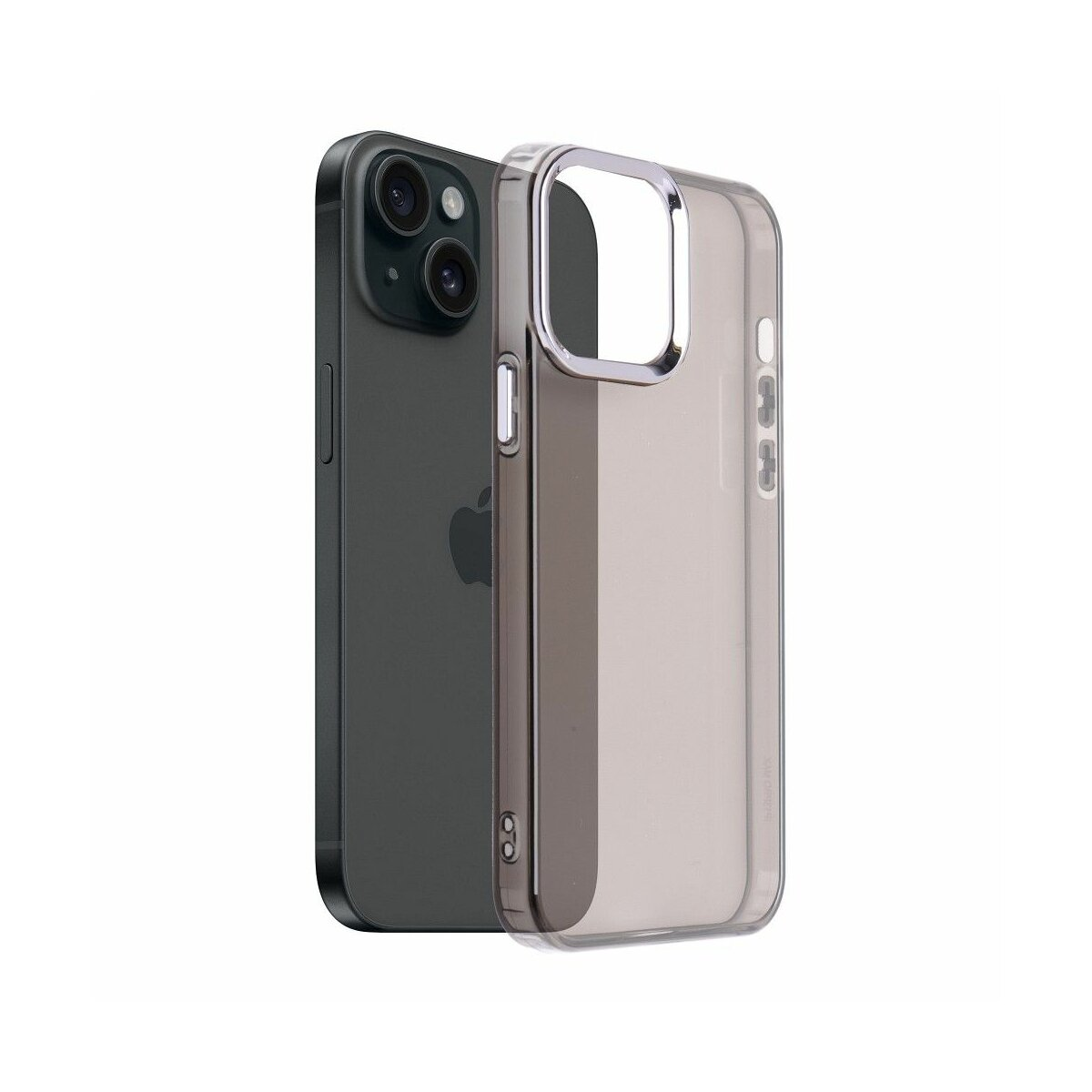 Un iPhone nero e una custodia trasparente affiancati.