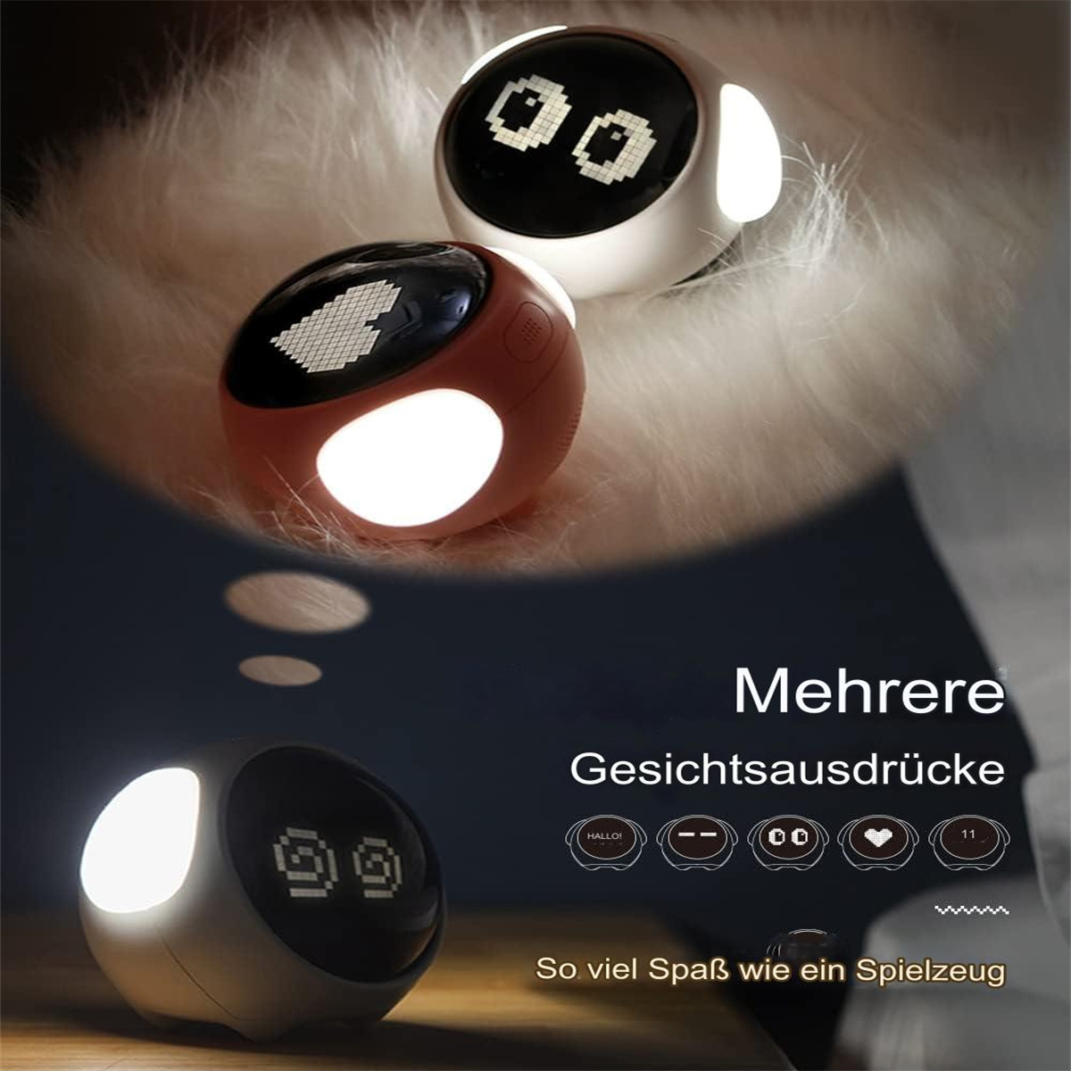 Drei kleine, runde, roboterartige Spielzeuge mit leuchtenden Augen und Ausdrücken. Weißer Hintergrund.