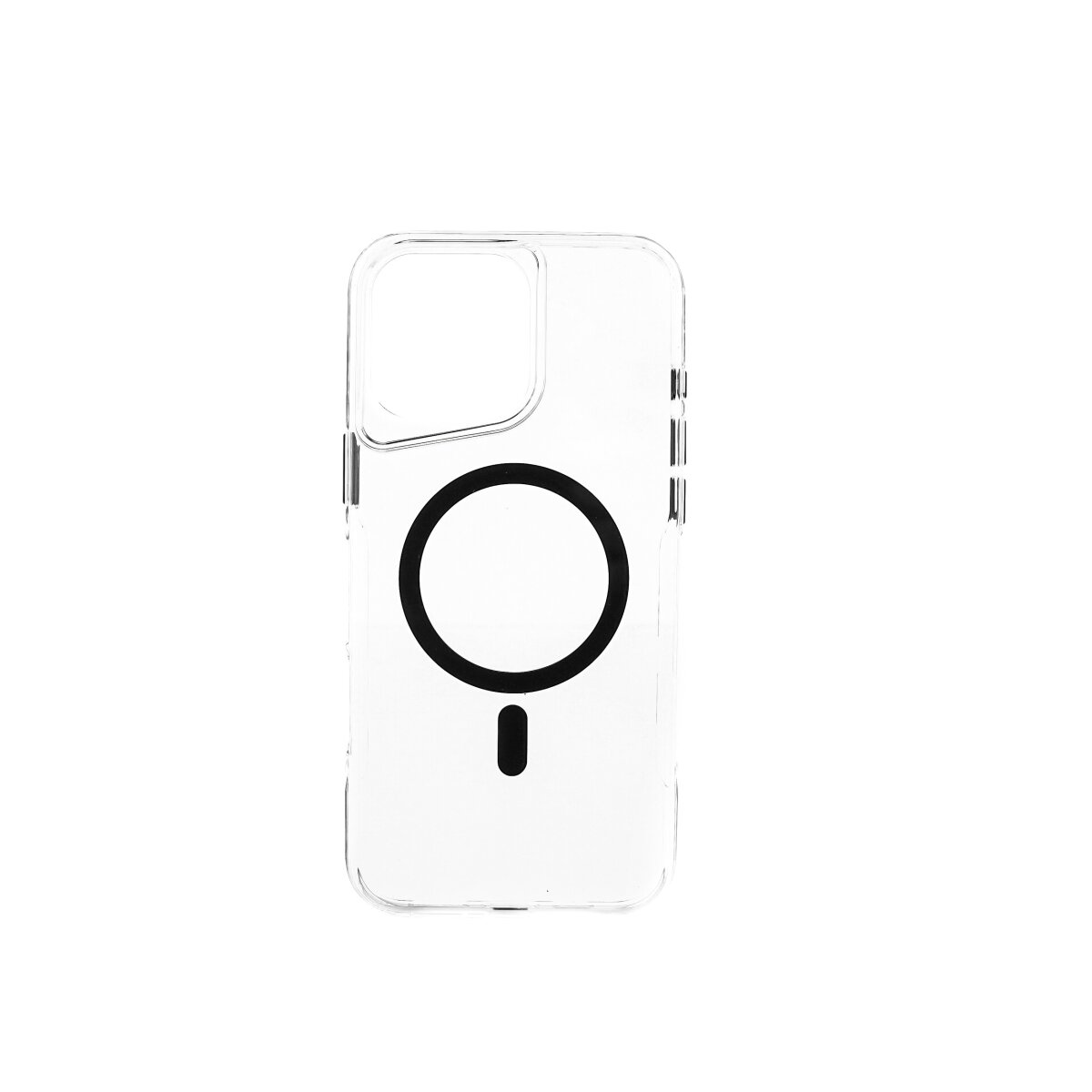 Custodia trasparente per telefono con un cerchio nero e un segno negativo, su sfondo bianco.