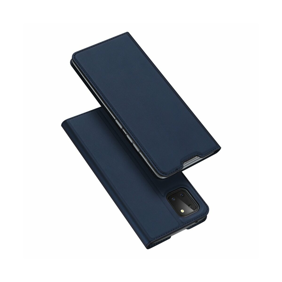 Custodia per telefono blu scuro, aperta per rivelare un telefono, su sfondo bianco.