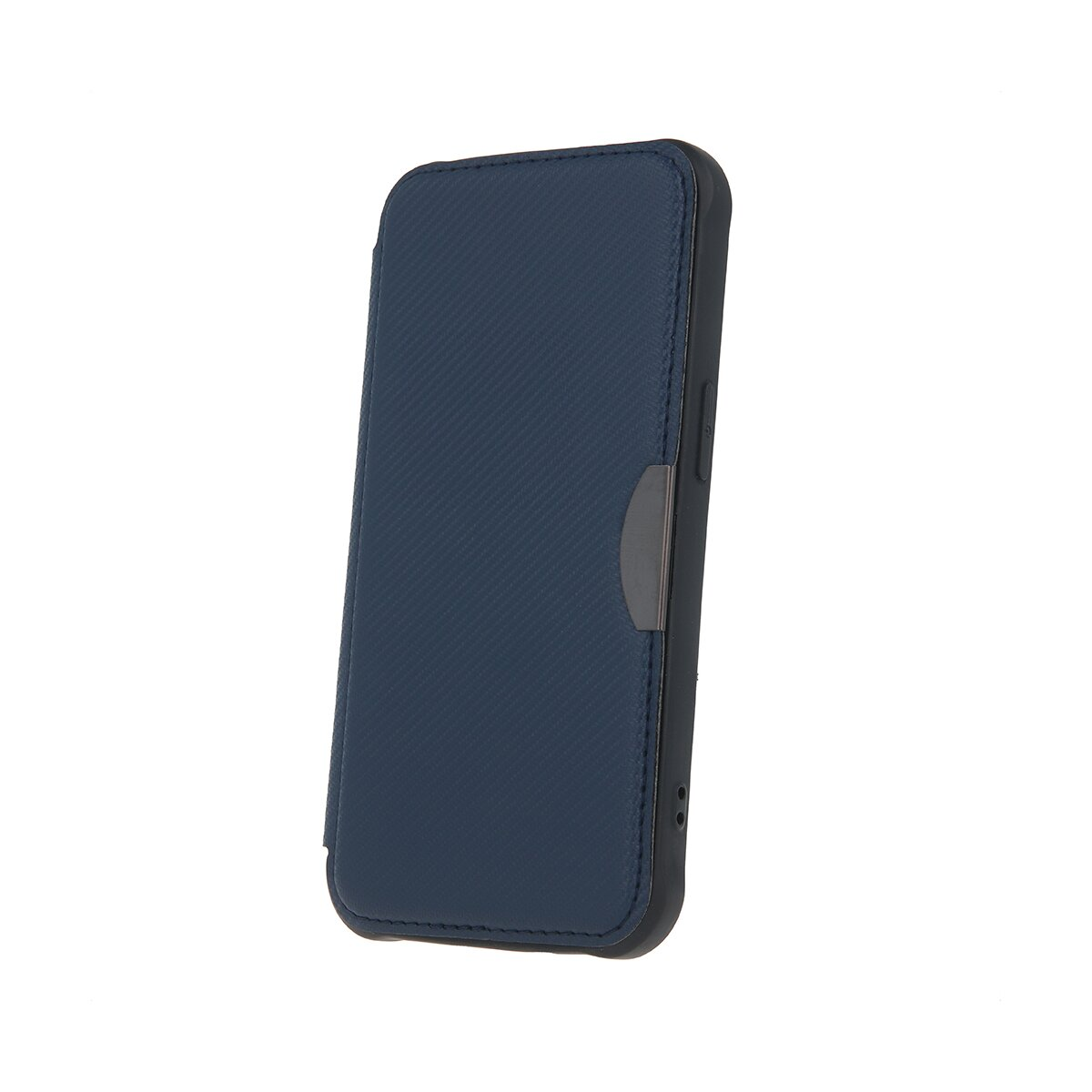 Custodia per telefono a portafoglio blu chiusa. La custodia ha un design strutturato. Sfondo bianco.