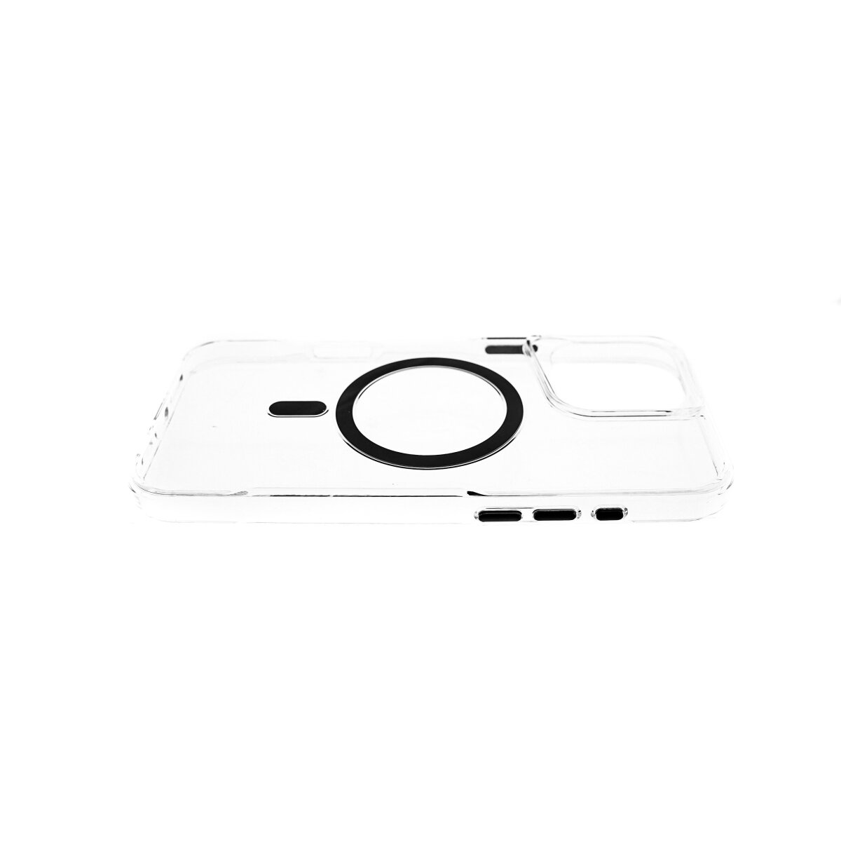 Una custodia trasparente per telefono con un cerchio nero e una linea nera, su sfondo bianco.