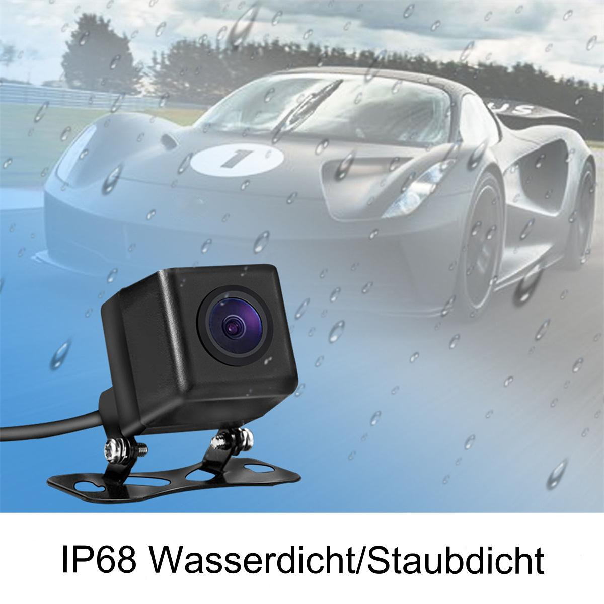 Eine schwarze Auto-Rückfahrkamera mit einem verschwommenen Autohintergrund mit Regentropfen auf dem Glas.