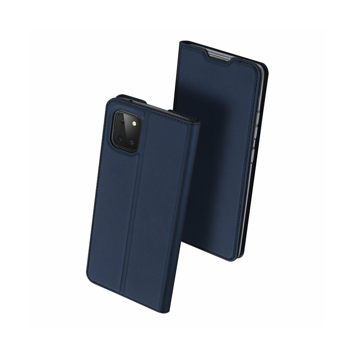 Due custodie blu per telefono, una chiusa, una aperta, su una superficie bianca. Design minimalista.