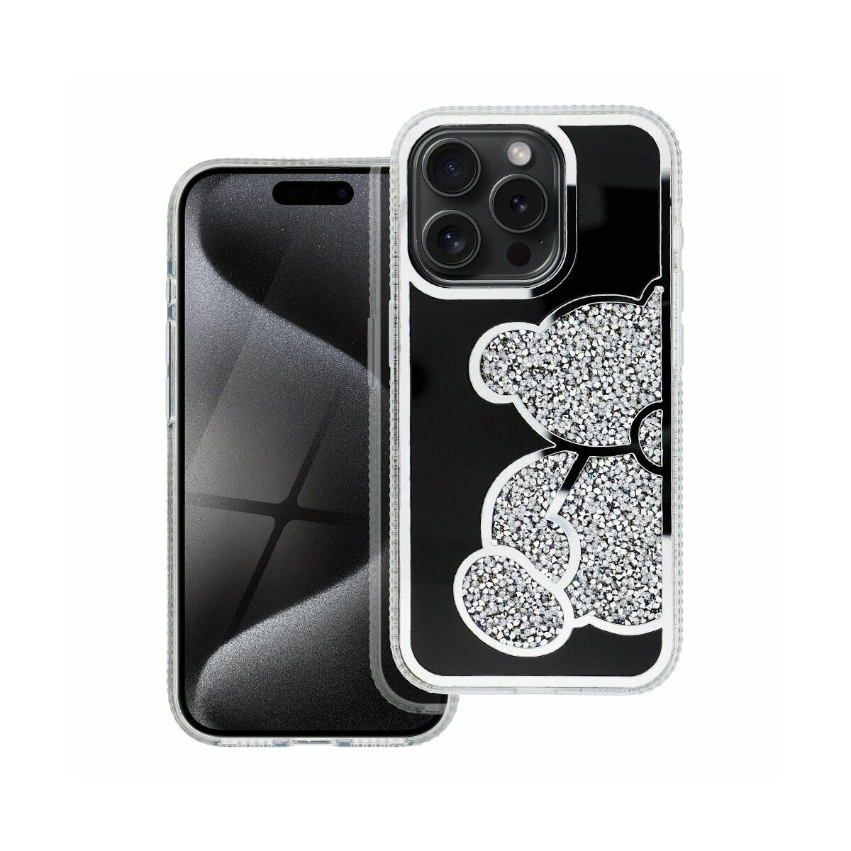 Telefono con schermo nero e custodia con sfondo nero e orso argentato.