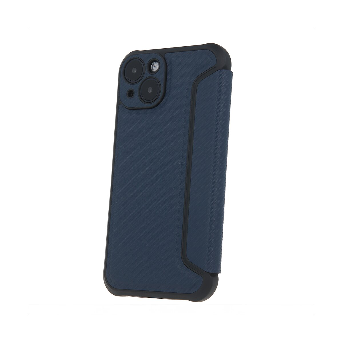 Una custodia per telefono blu scuro, con retro strutturato e cornice nera.