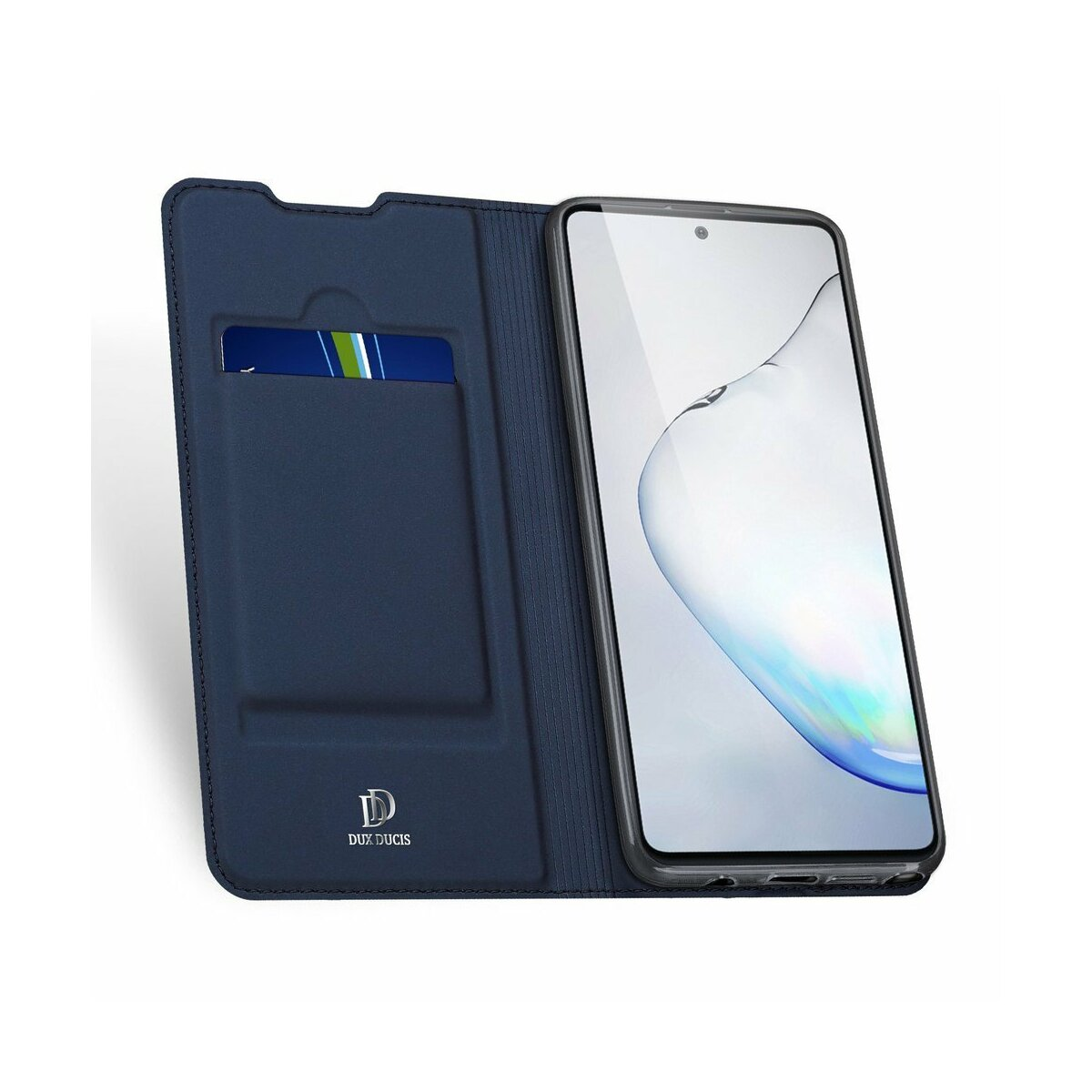 Una custodia blu per telefono con un telefono all'interno. La custodia è aperta e c'è una carta nella tasca.