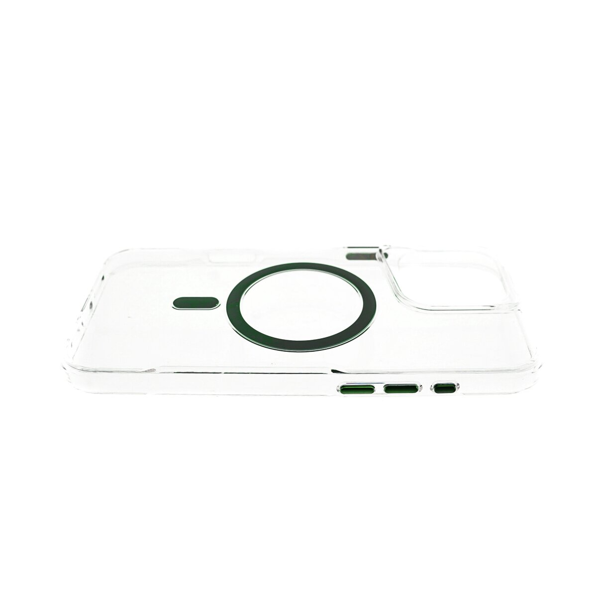 Una custodia trasparente per telefono con un design circolare verde e una forma a trattino più piccola. Sfondo bianco.