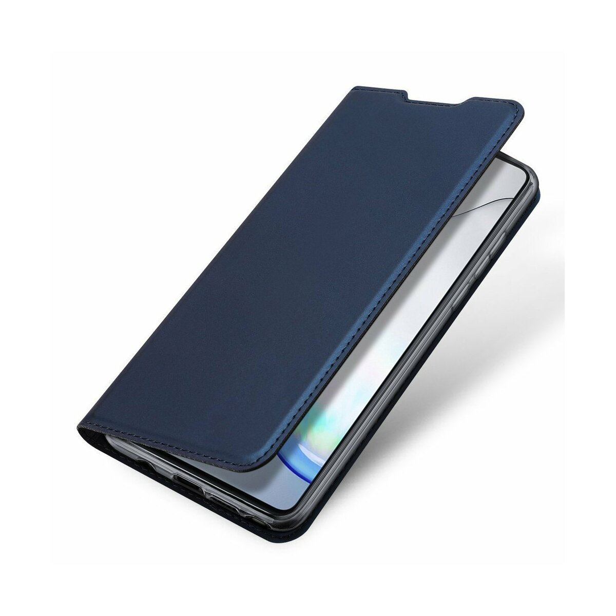 Custodia blu del telefono aperta, mostra il telefono. Aspetto pelle.