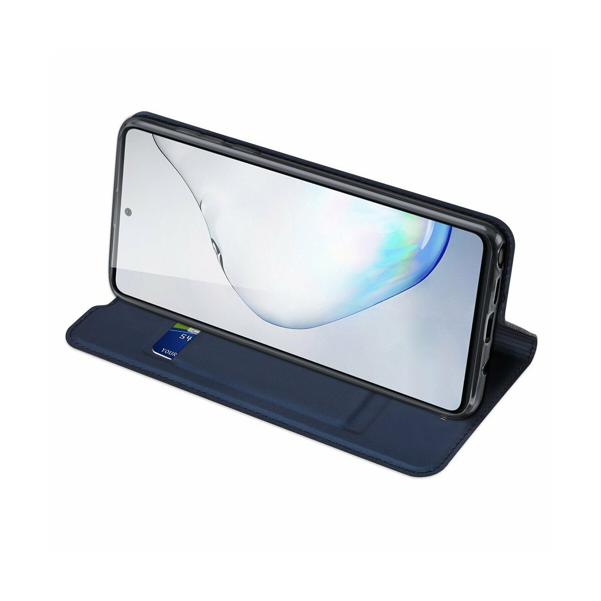 Una custodia blu per telefono contiene un telefono. Il telefono è aperto. Una carta è all'interno della custodia.