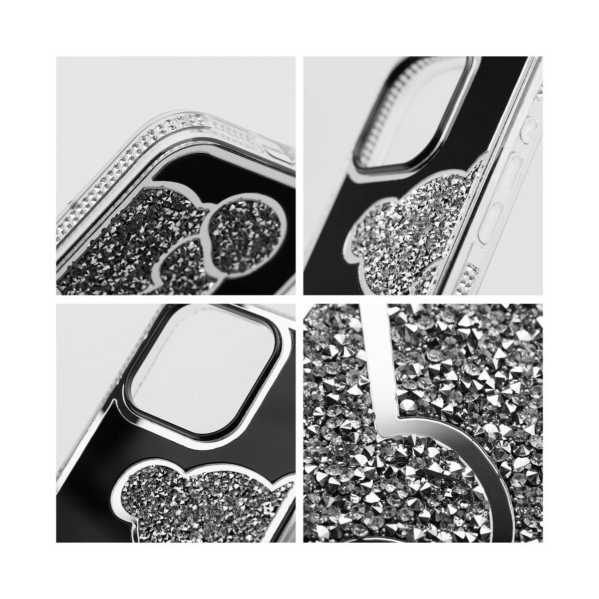 Primo piano di custodia per telefono con design glitterato. Cornice nera con accenti di cristallo scintillanti.