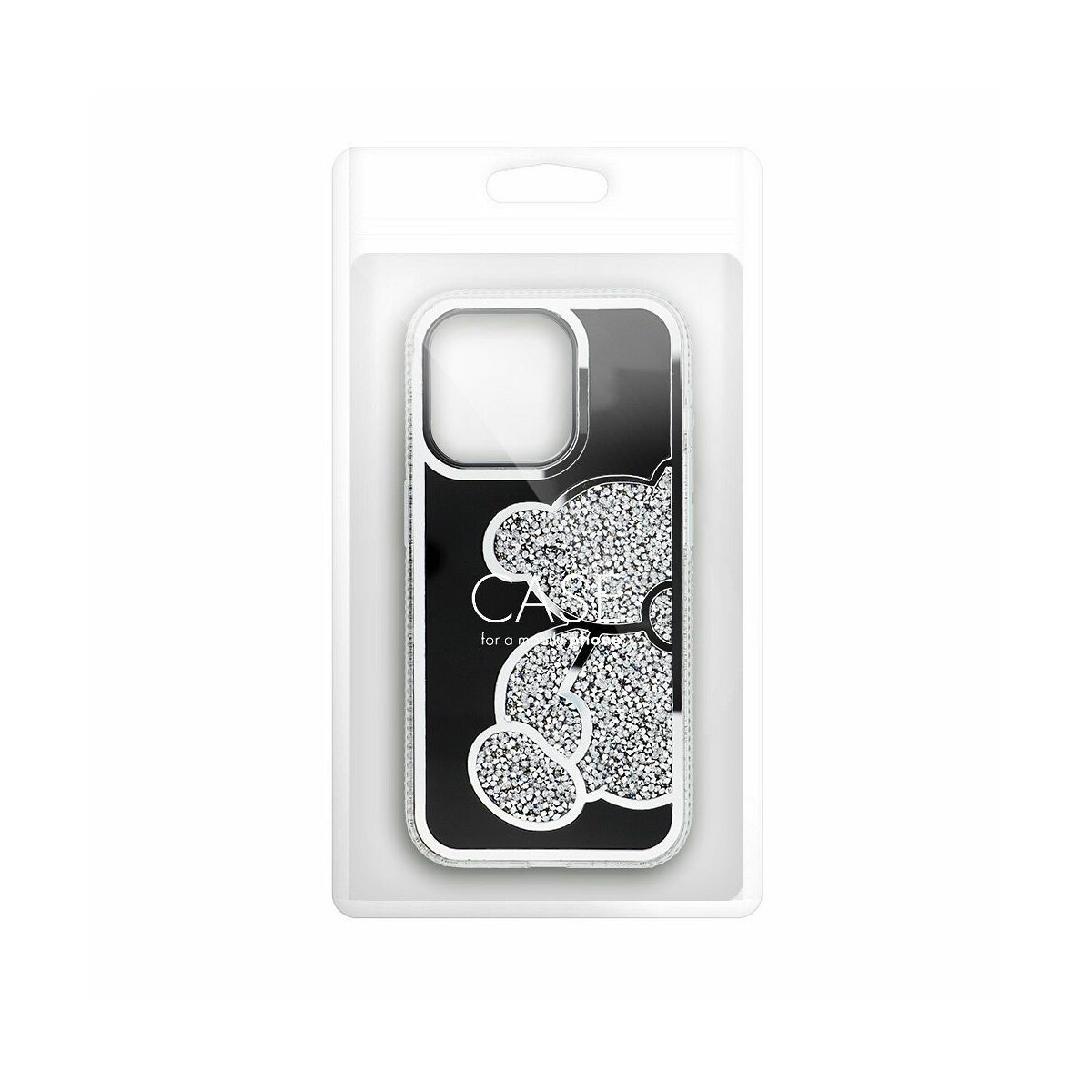 Una custodia per telefono in una confezione di plastica trasparente. La custodia ha un design a orso coperto di cristalli.