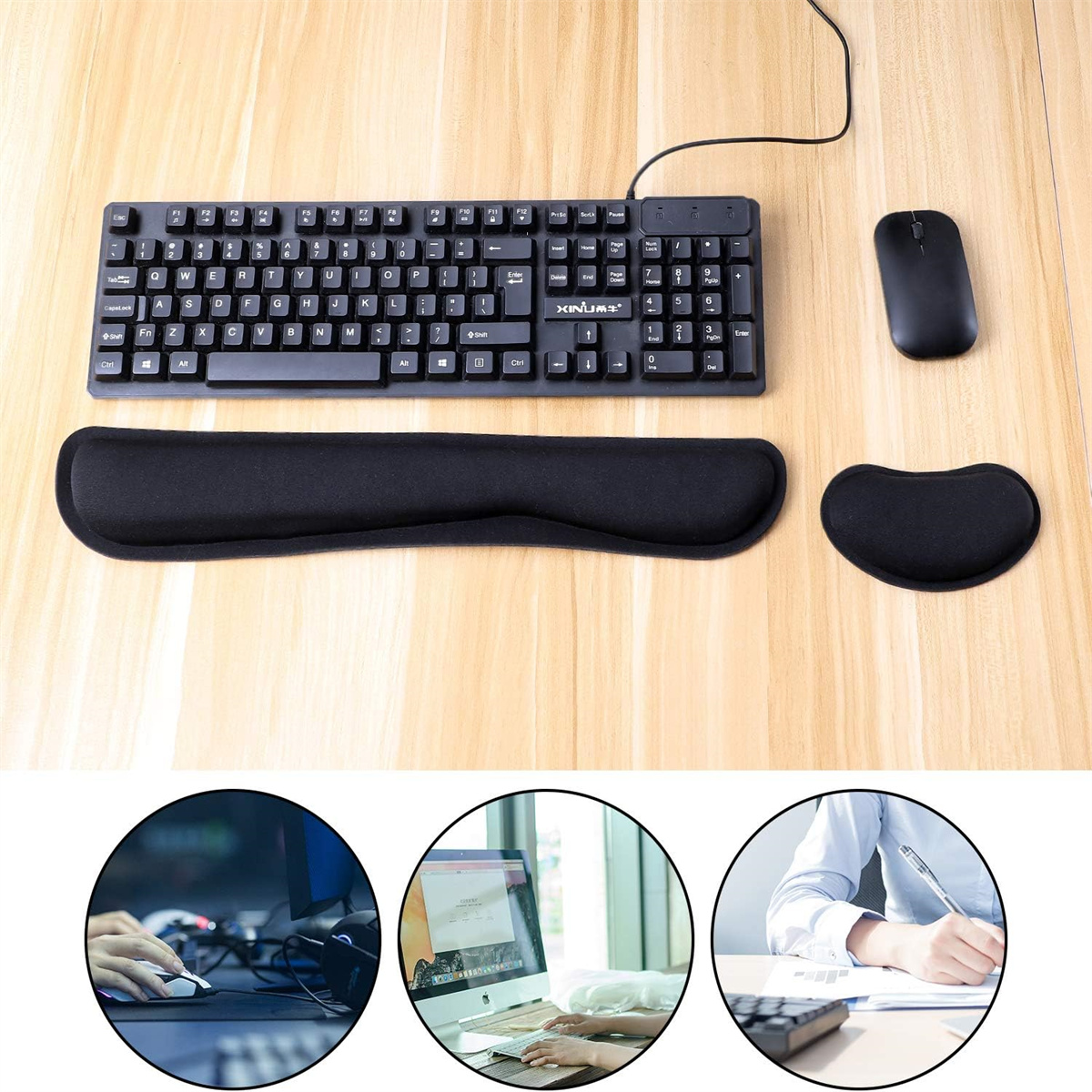 Eine Tastatur, Maus und Handgelenkauflagen auf einer Holzoberfläche. Kleinere Bilder zeigen die Computernutzung.
