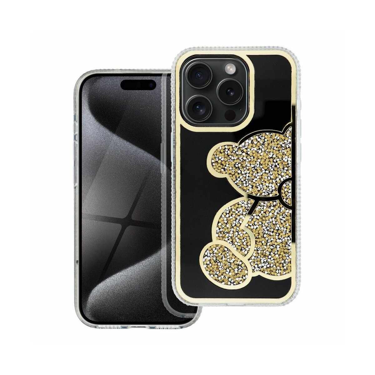 Una custodia per telefono con design orso dorato e protezione schermo, telefono nero. Sfondo bianco.