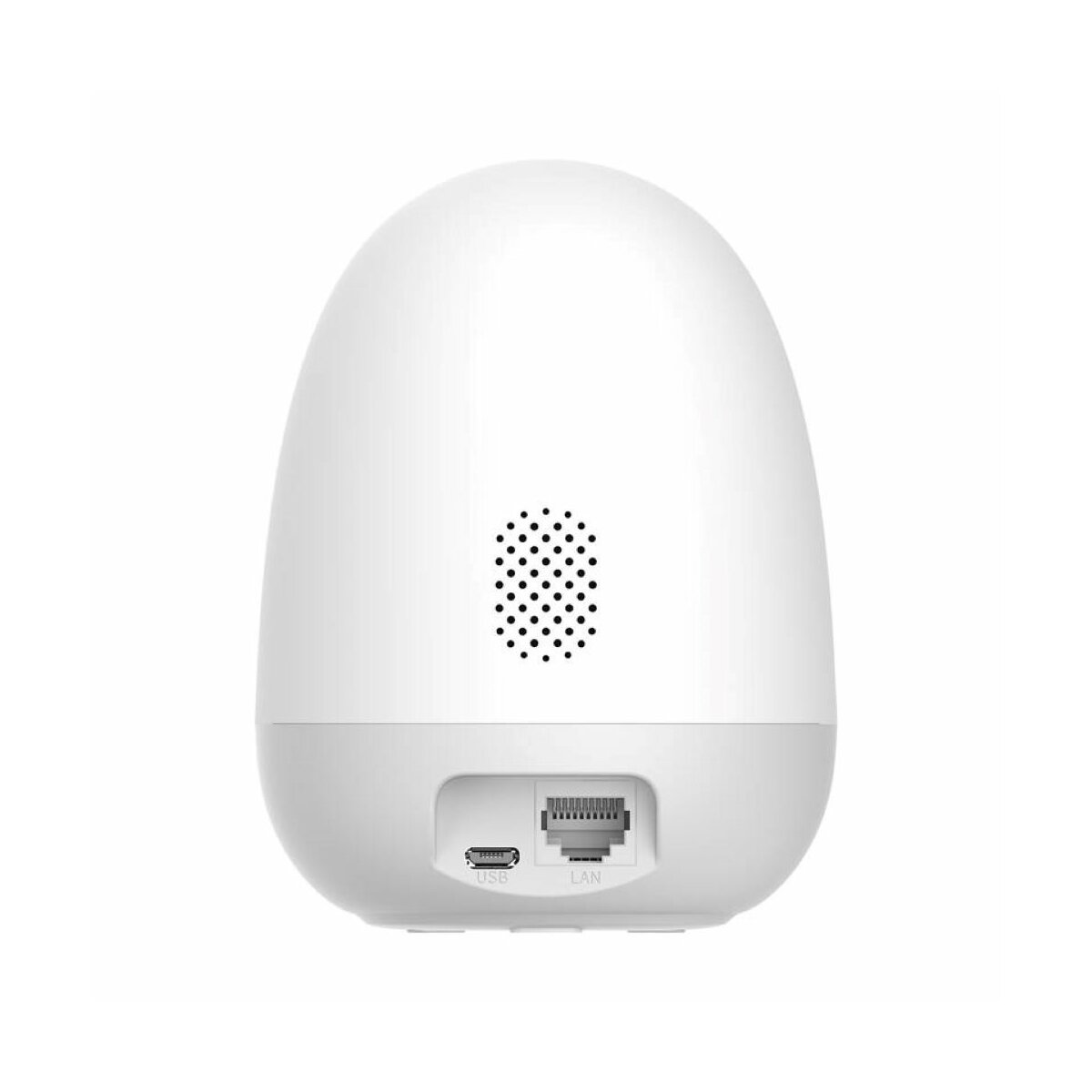 Ein weißes, eiförmiges Gerät mit Lautsprecher und Anschlüssen. Es hat einen USB- und LAN-Anschluss auf der Rückseite.