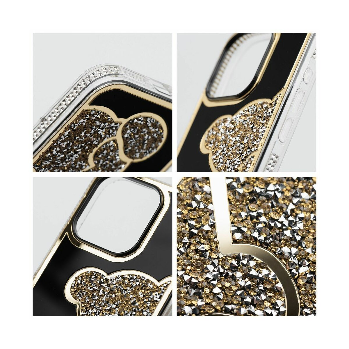 Primo piano di una custodia per telefono con un design dorato e di cristallo. Vengono mostrate più angolazioni della custodia.