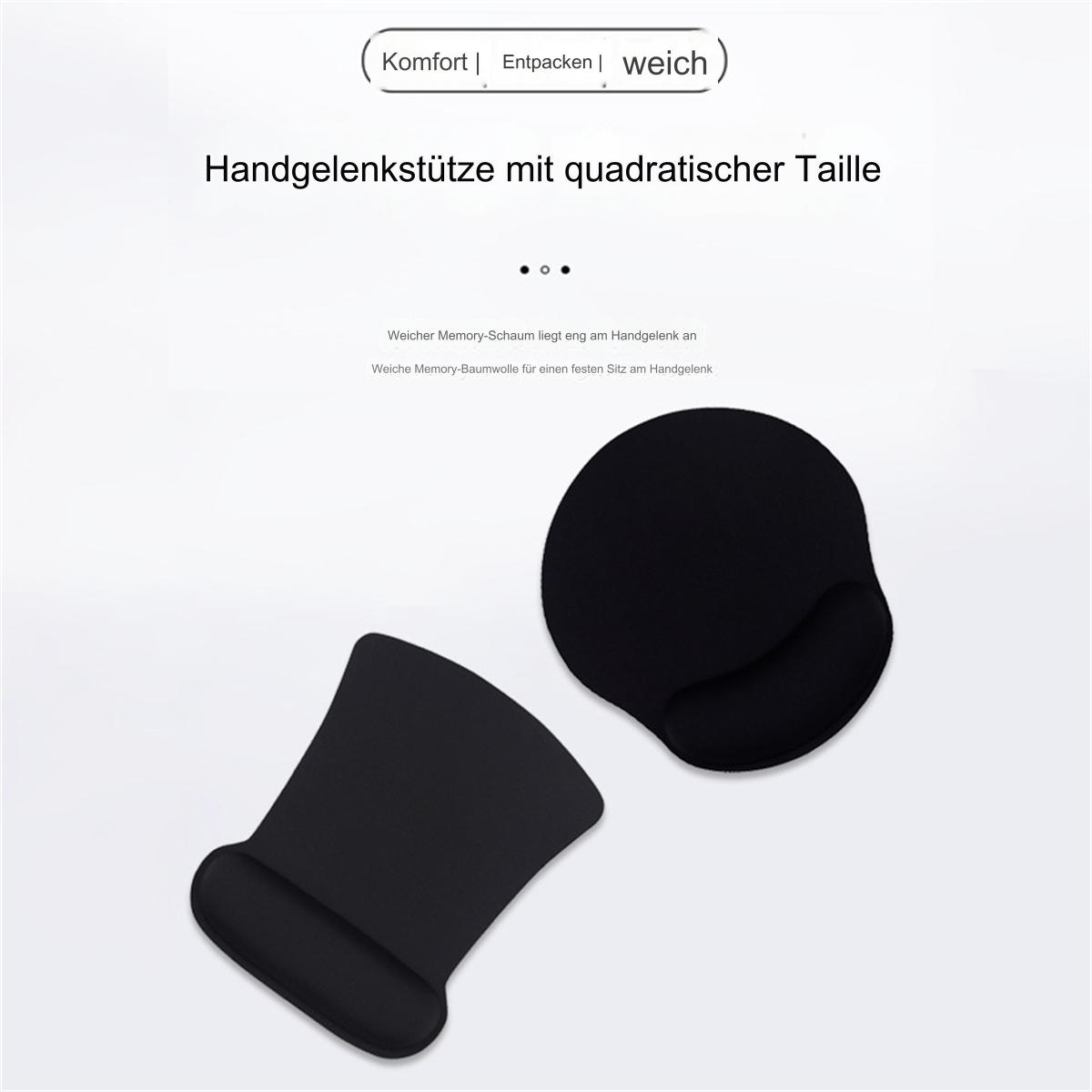Schwarze Handgelenkstütze mit geschwungenem Design. Eine weitere und Text im Hintergrund.