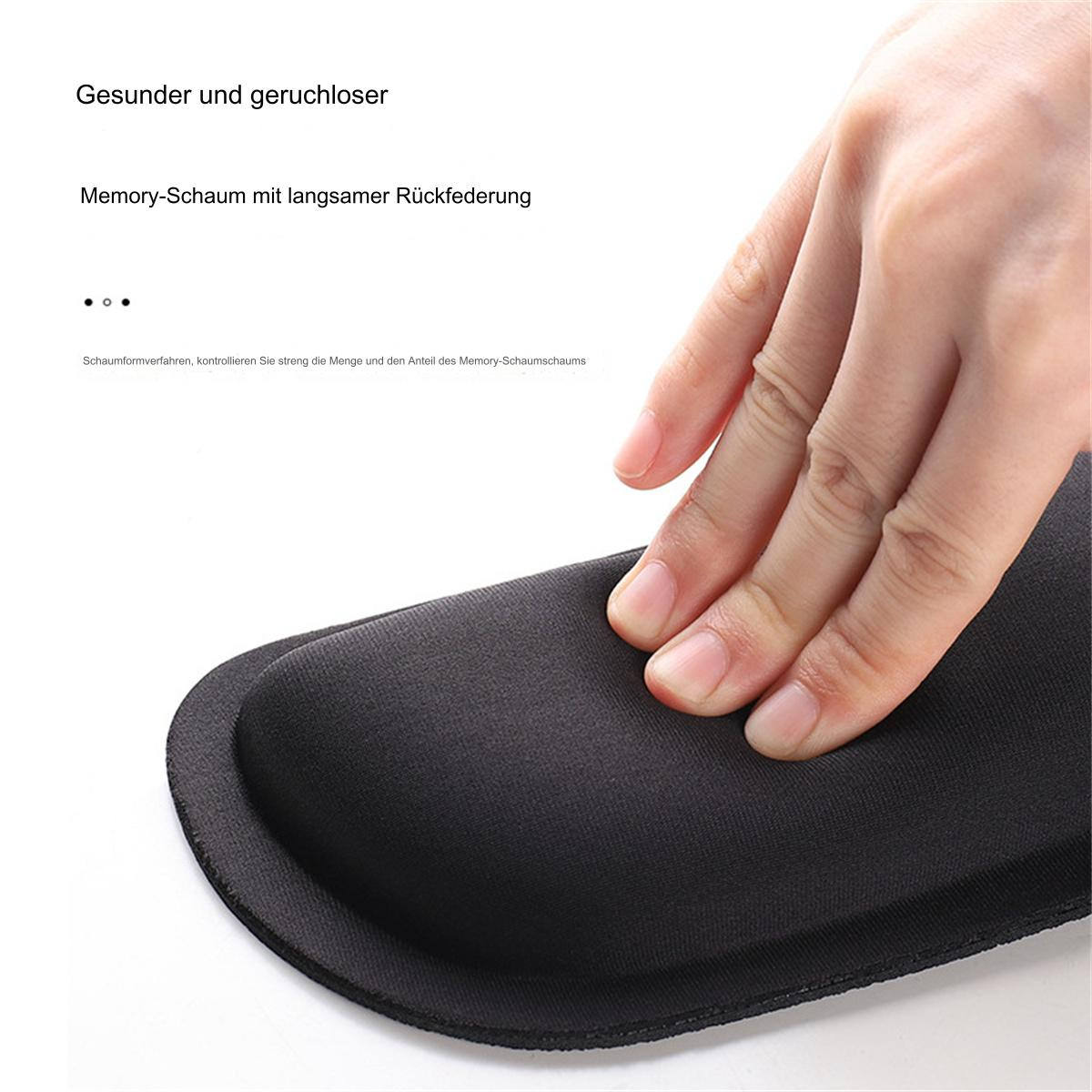Hand auf einer schwarzen Memory-Schaum-Handgelenkauflage. Text auf Deutsch.
