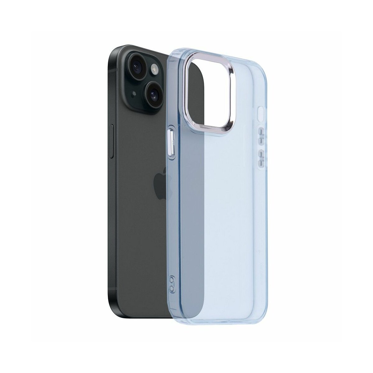 Telefono nero con custodia blu. La custodia è trasparente. Sfondo bianco.