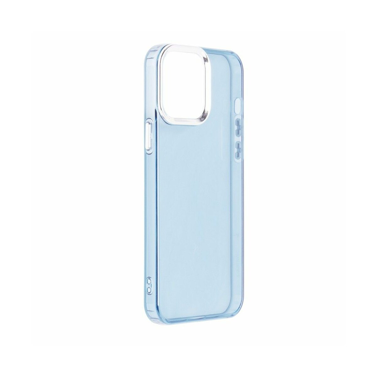 Custodia per telefono trasparente blu con accenti argentati.