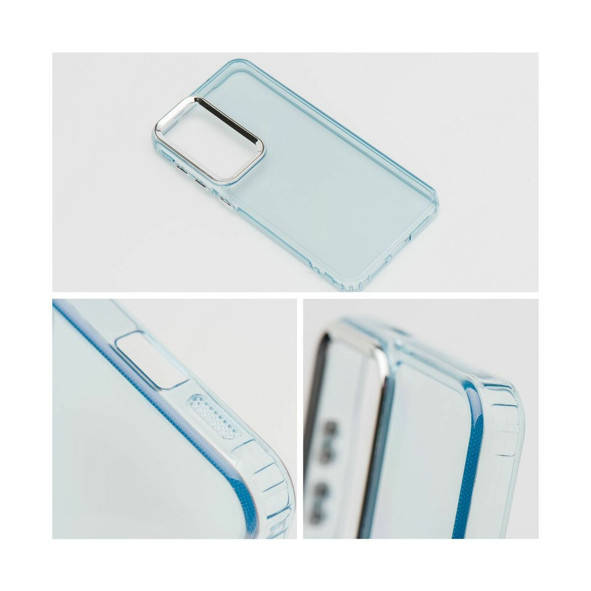 Custodia per telefono, azzurro chiaro con rifiniture argentate, più viste.