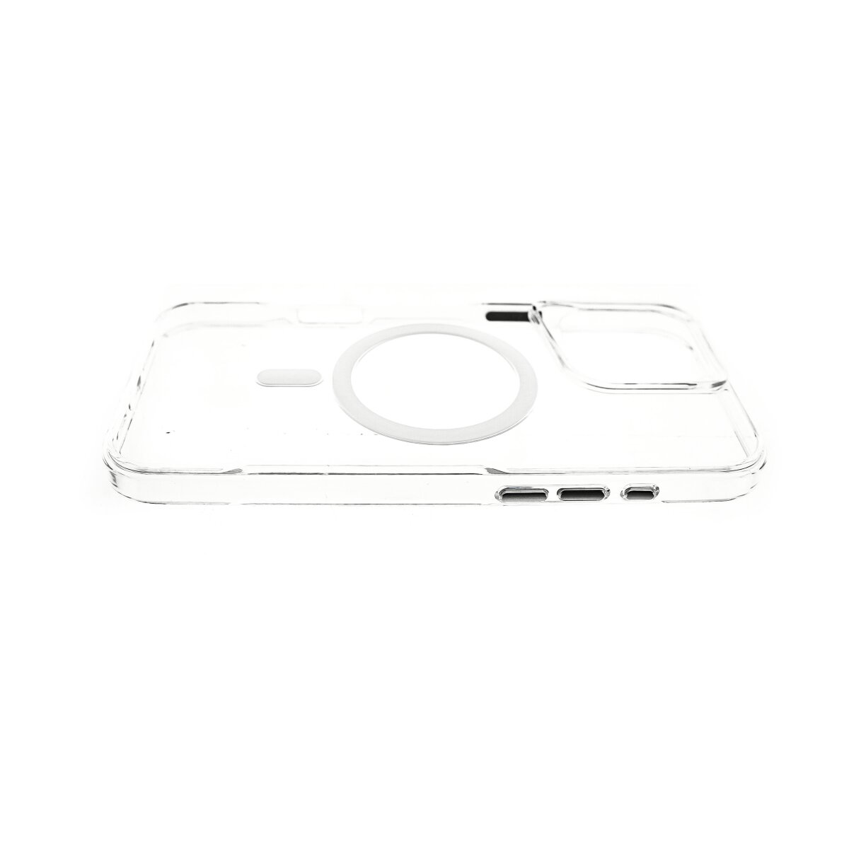 Eine transparente Handyhülle mit MagSafe-Ring und Kameraausschnitt, liegt auf weißem Untergrund.