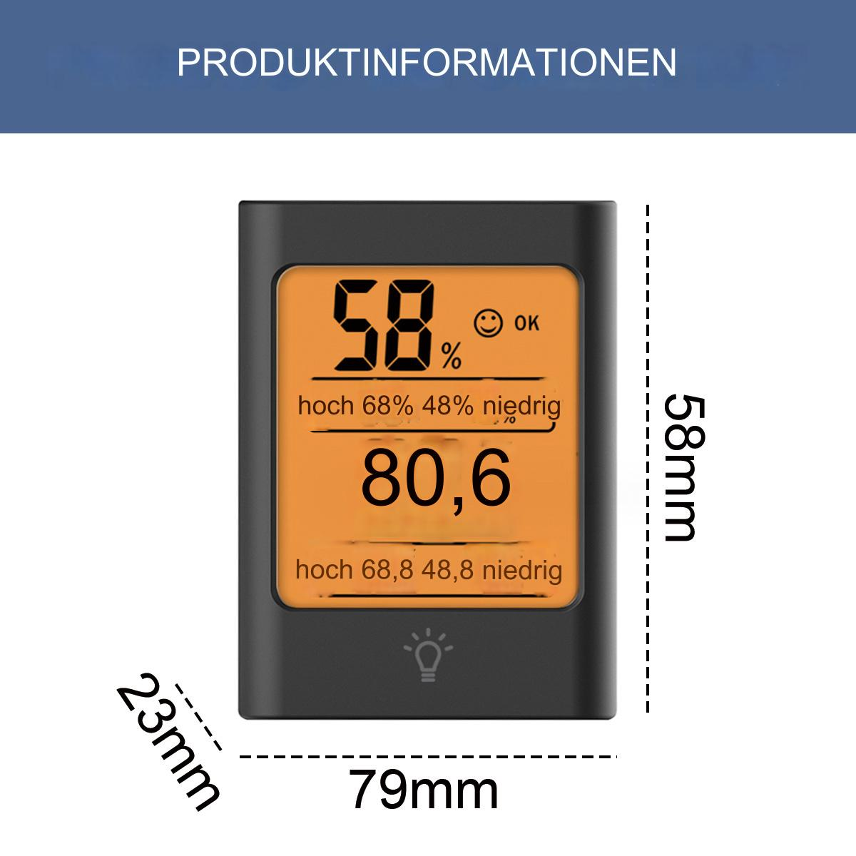 Schwarzes Digitaldisplay mit Prozentsätzen und Zahlen mit Abmessungen.