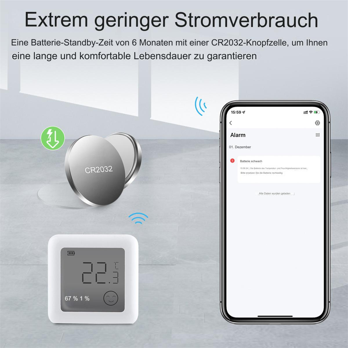 Ein Thermostat, ein Telefon mit einem Alarm und eine CR2032-Batterie liegen auf einer grauen Oberfläche.