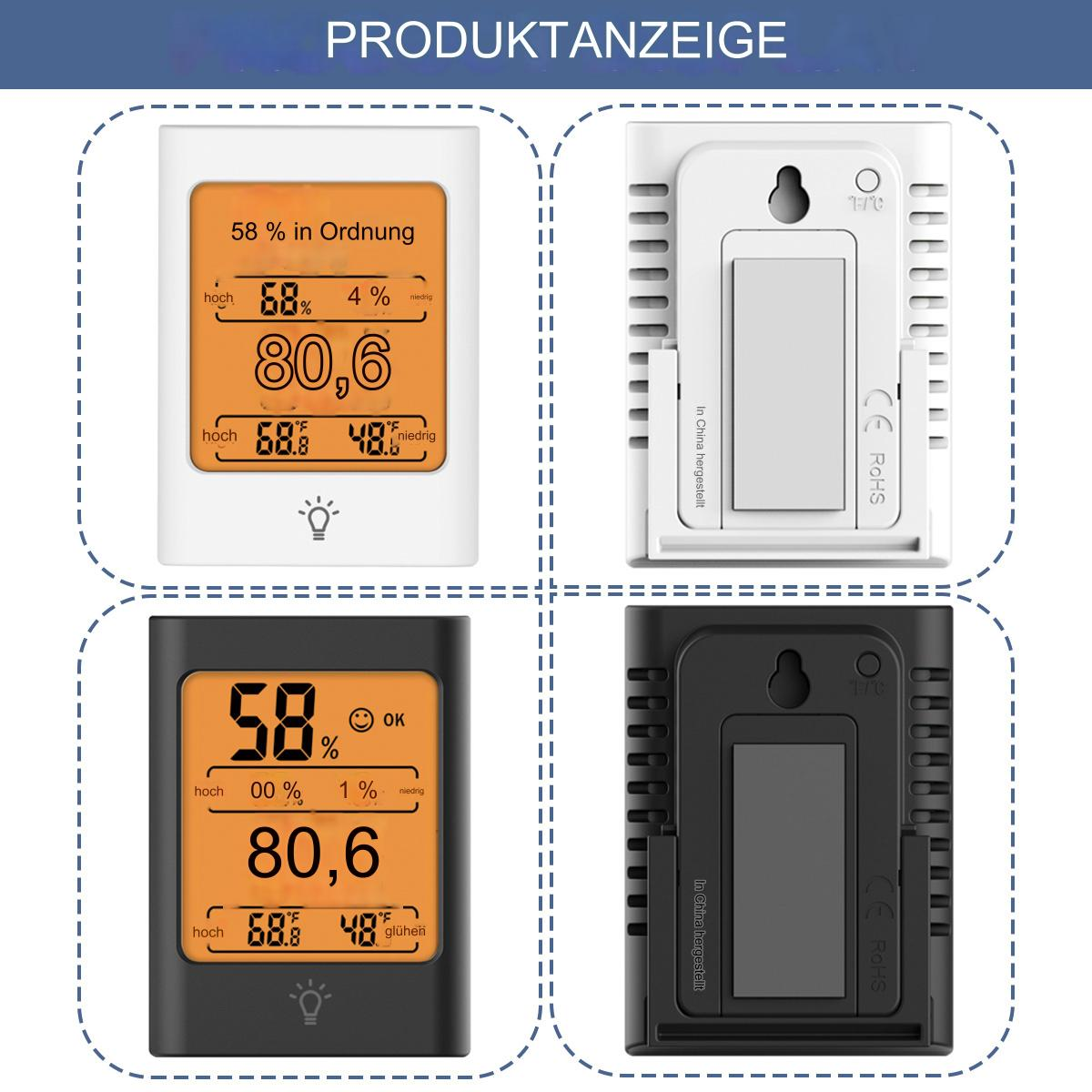 Vier digitale Thermometer zeigen Temperatur- und Feuchtigkeitswerte an.
