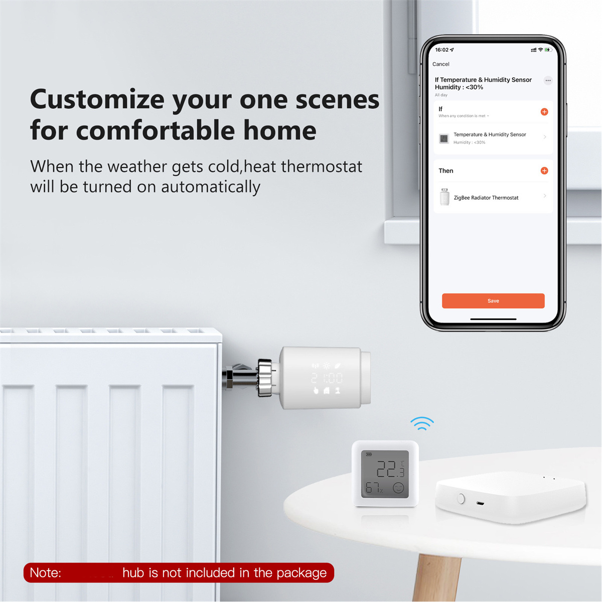Smart-Home-Setup: Thermostat, Telefonbildschirm mit Einstellungen und ein kleines weißes Gerät.