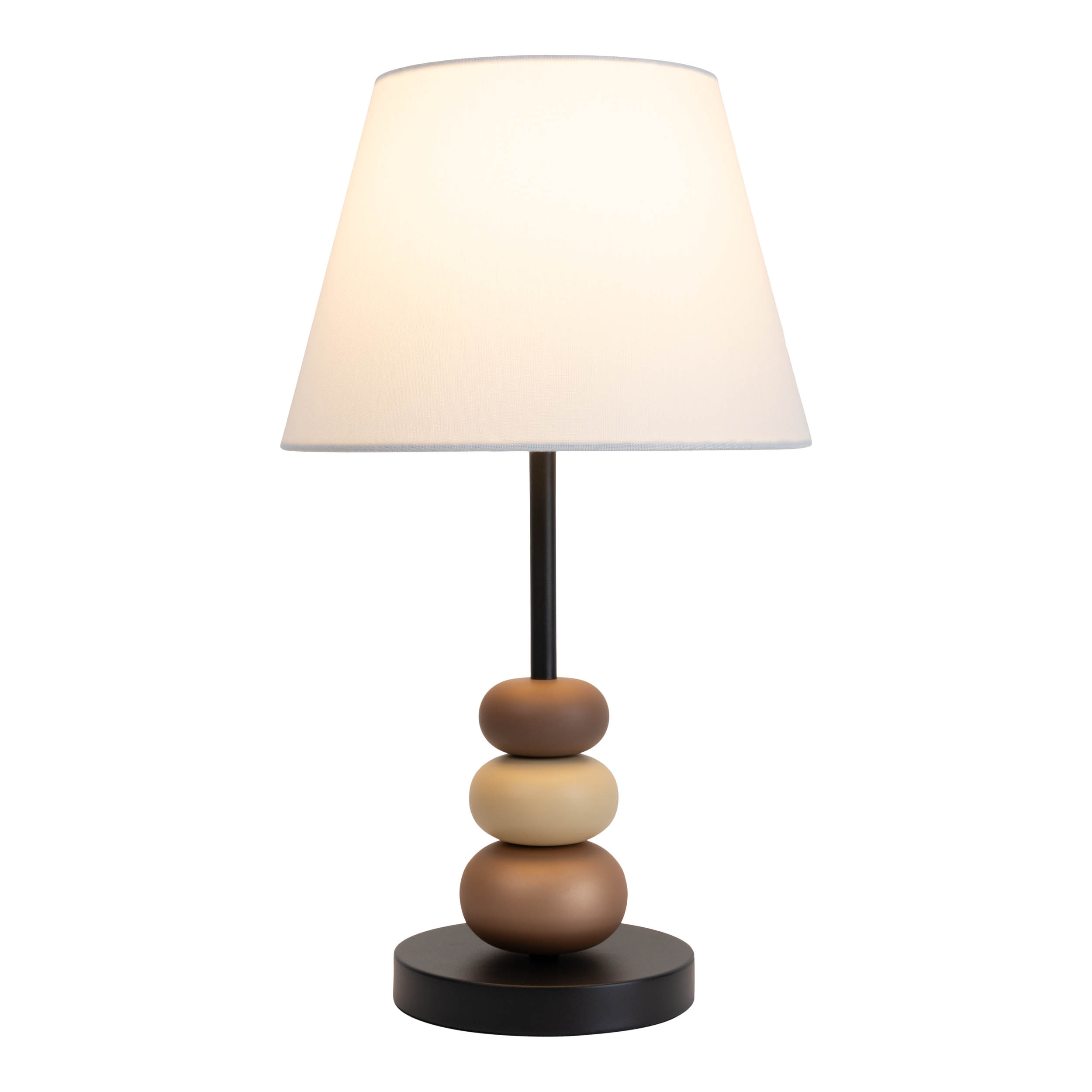 Tischlampe mit weißem Lampenschirm, schwarzem Stiel und braunen und beigen Kugeln.