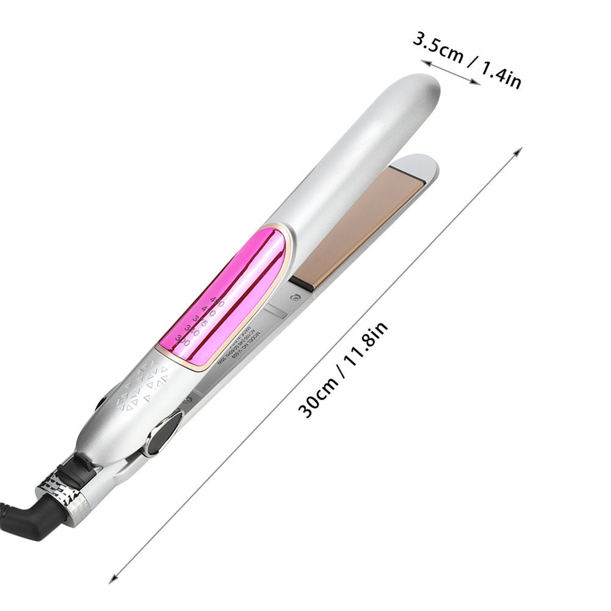 Silberner Haarglätter, rosa Display, 30cm Länge, 3,5cm Breite mit Messungen.