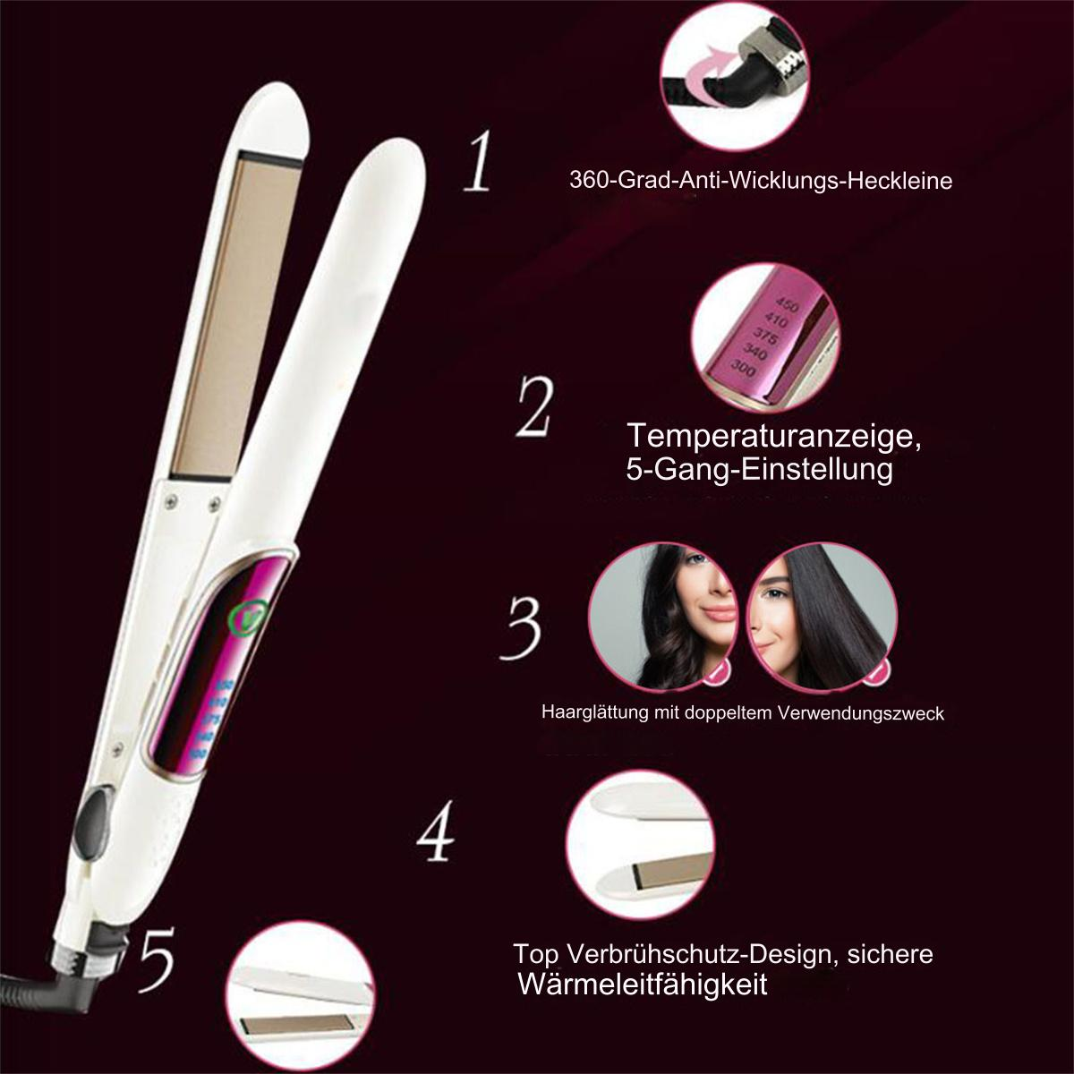 Ein weißes Glätteisen mit Temperatureinstellungen und Bildern zum Haarstyling.