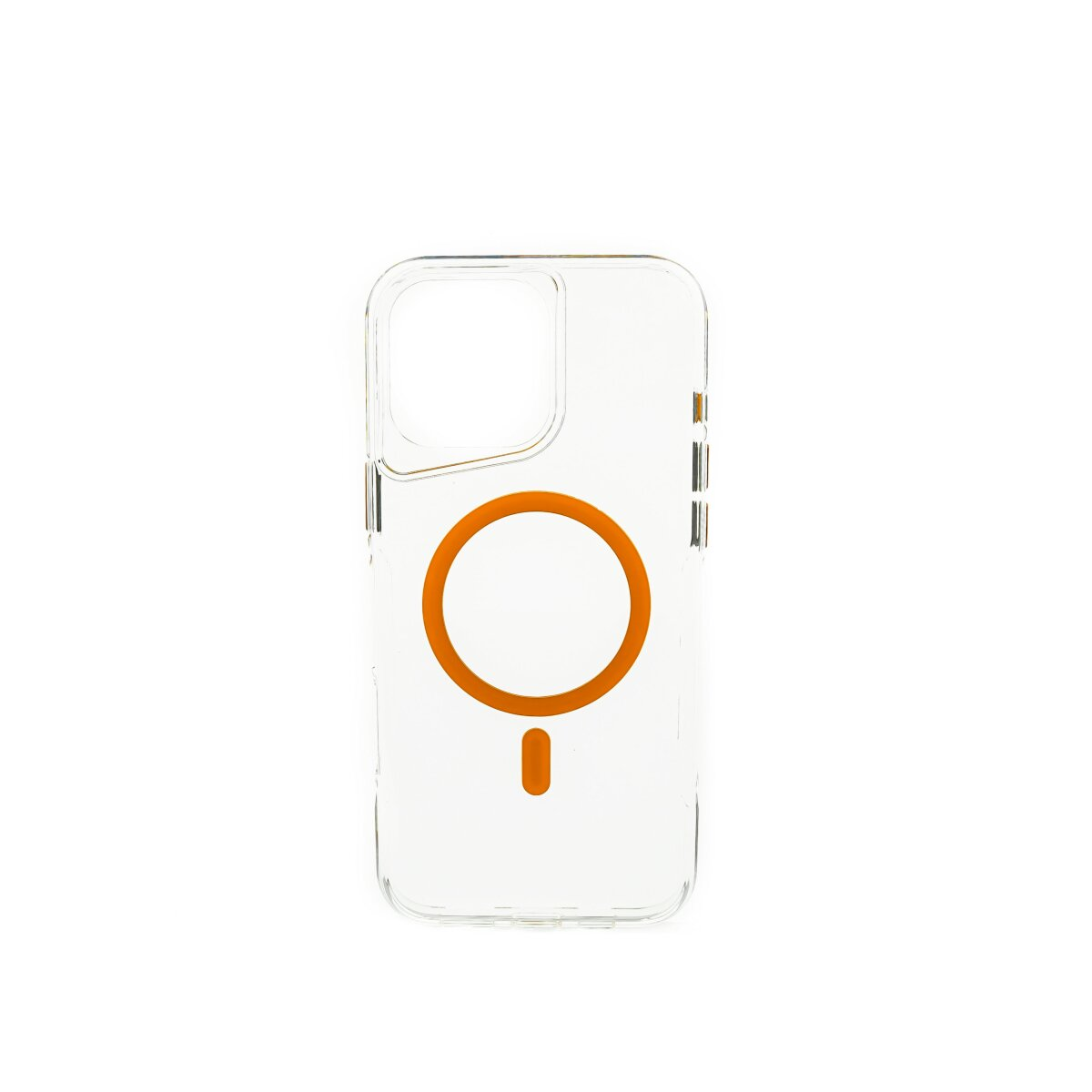 Una custodia trasparente per telefono con un design a cerchio arancione e un segno meno nero.