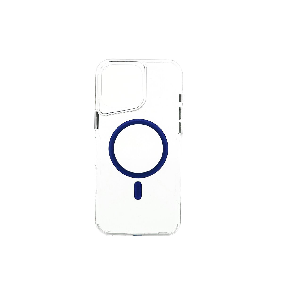 Una custodia trasparente per telefono con un design circolare blu e una forma a trattino più piccola. Sfondo bianco.