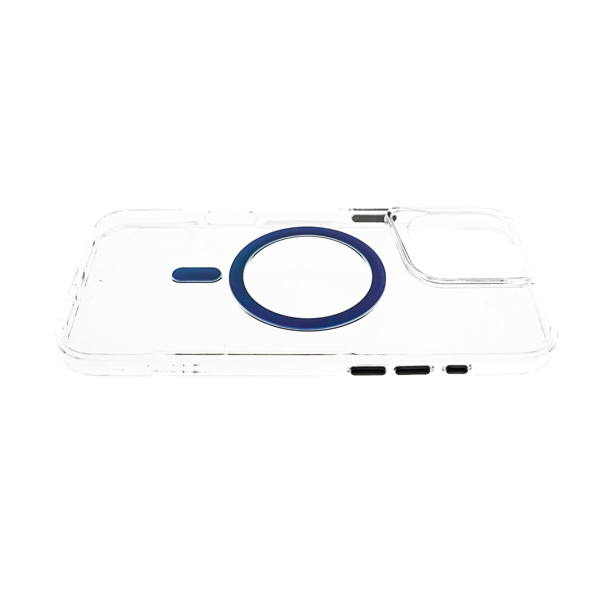 Una custodia trasparente per telefono. Il design include un cerchio blu e un'area magnetica.