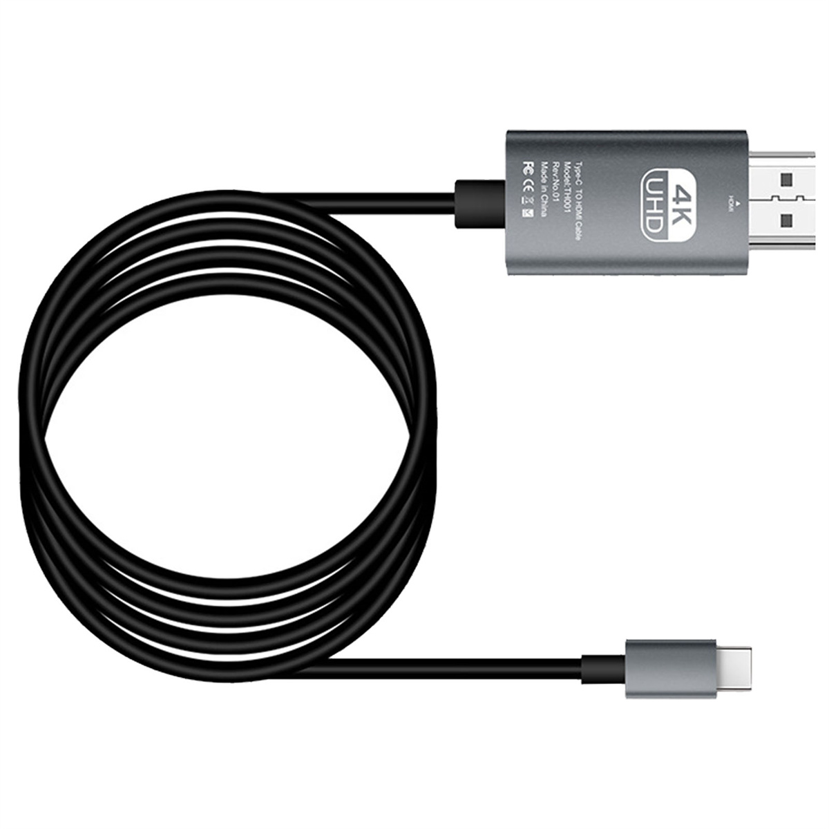 Schwarzes HDMI-Kabel mit USB-C-Anschluss. 4K UHD-Etikett auf dem grauen Anschluss.