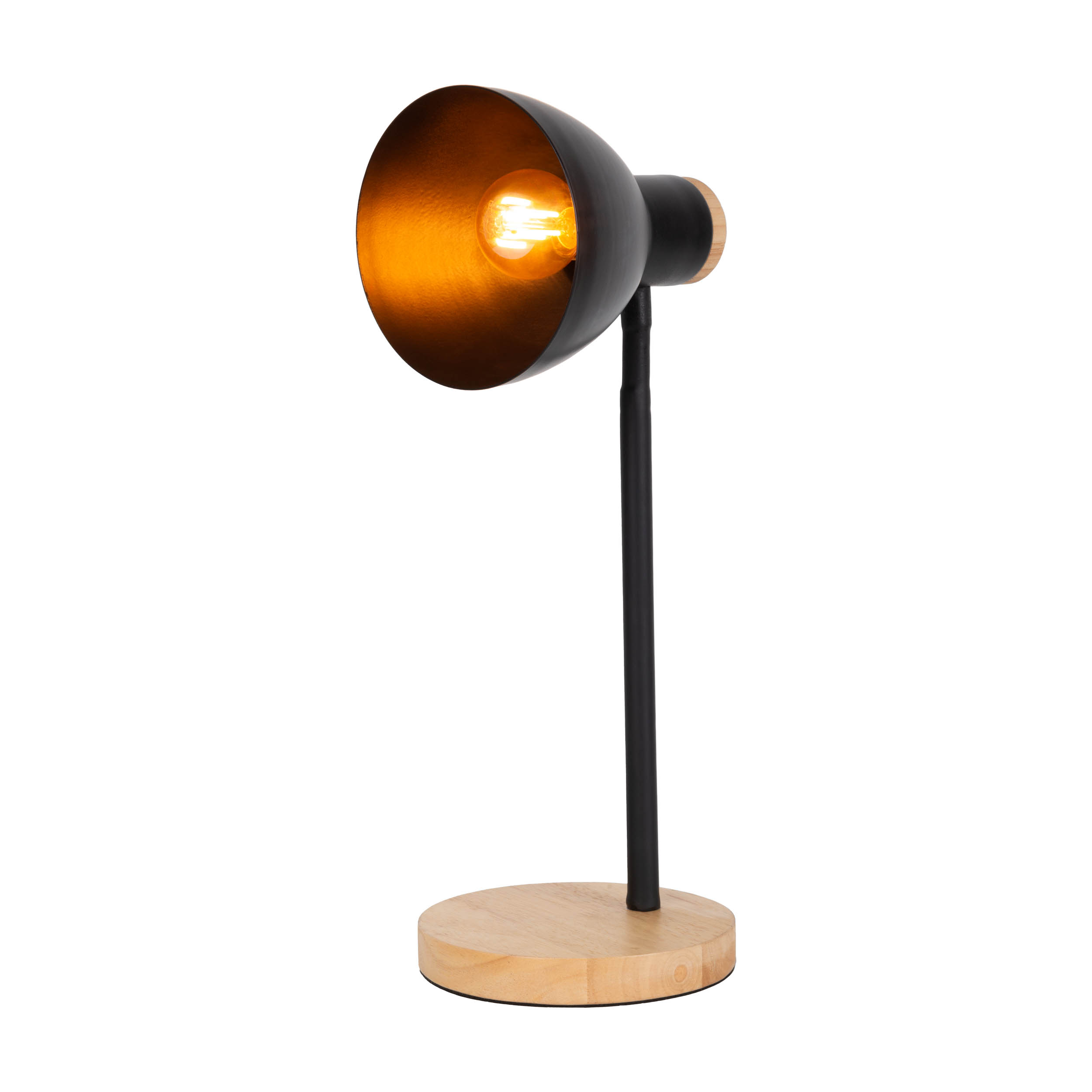 Eine moderne schwarze und hölzerne Schreibtischlampe auf weißem Hintergrund.