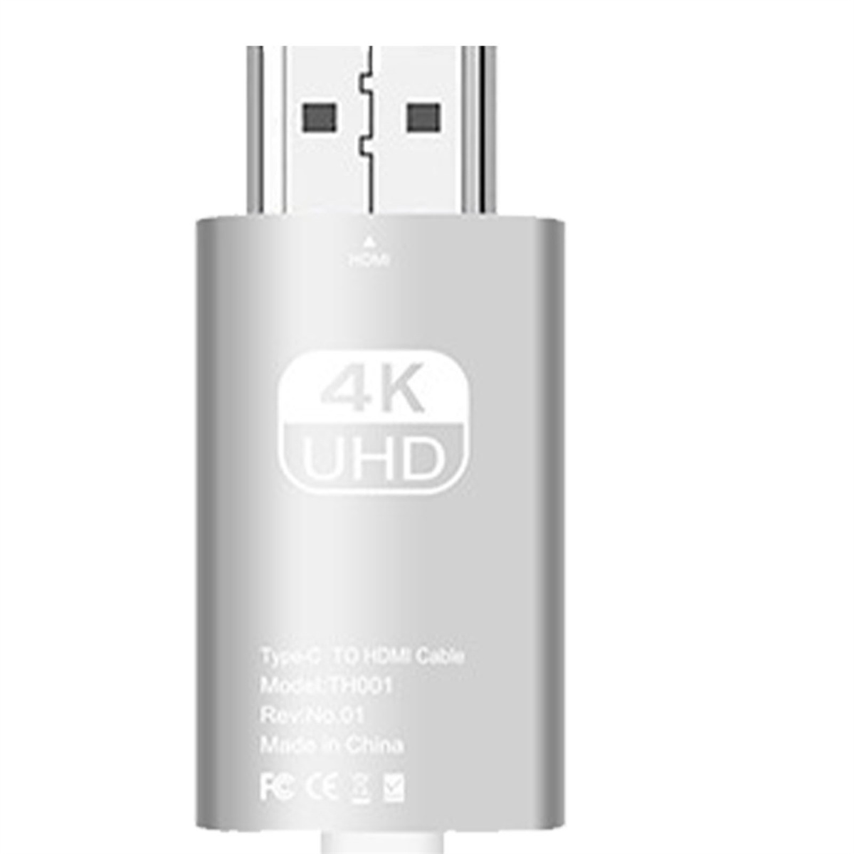 Ein silbernes 4K UHD HDMI-Kabel. Das Kabel trägt die Aufschrift '4K UHD' und 'Type-C to HDMI Cable'.