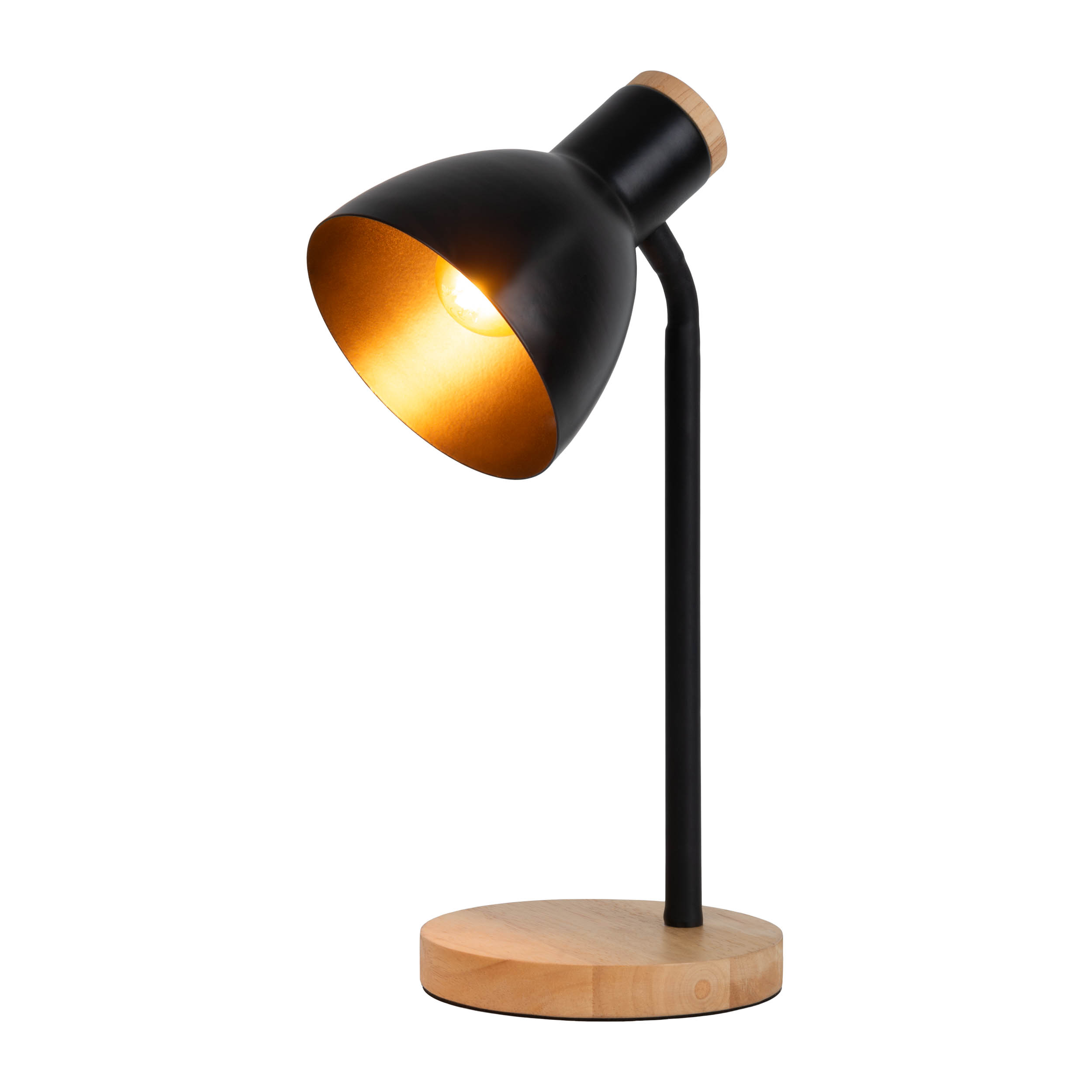 Schwarze Schreibtischlampe mit Holzsockel. Die Lampe ist eingeschaltet.