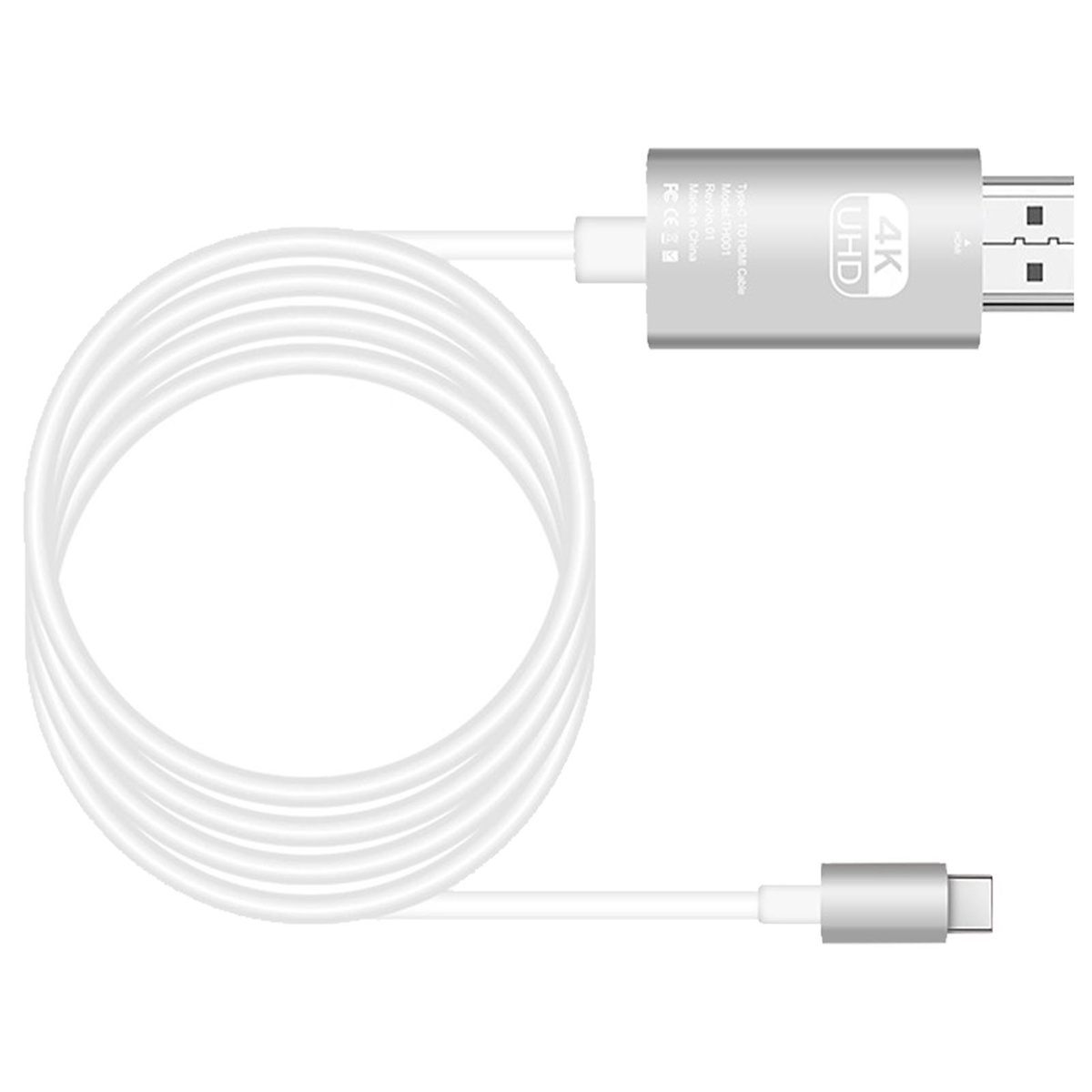 Weißes HDMI-Kabel mit silbernen Steckern, aufgerollt.