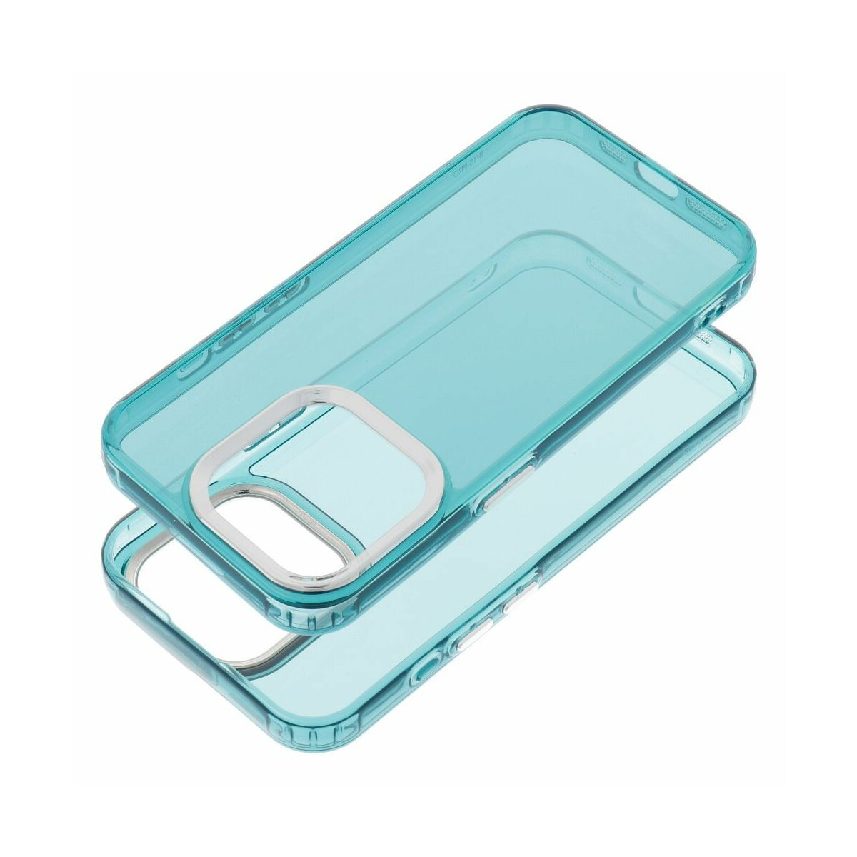 Due custodie per telefono blu trasparente impilate. Una custodia ha un anello bianco attorno al foro della fotocamera.